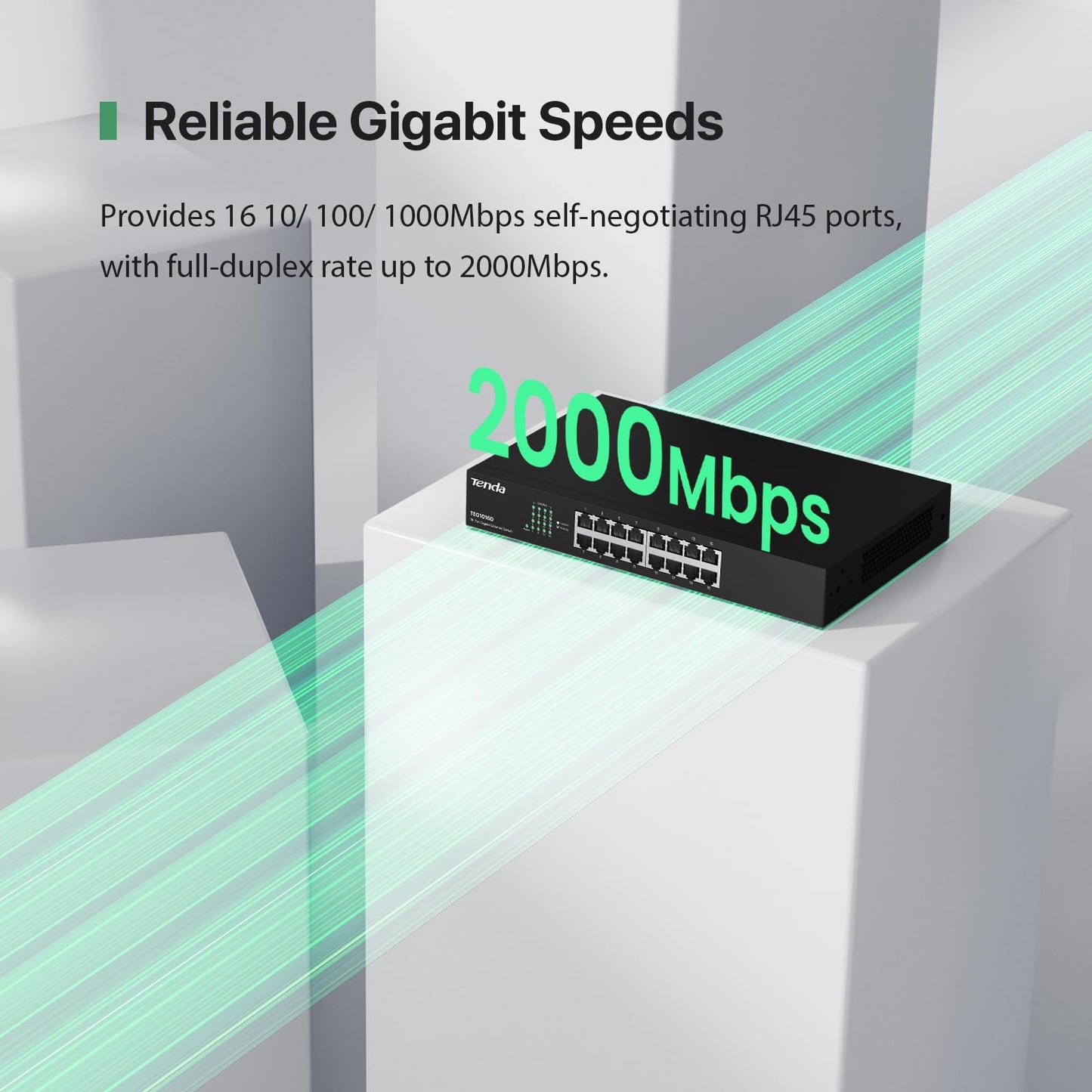Tenda TEG1016D, Unmanaged 16 Port Gigabit Switch, Rackmount Ethernet Switch, Plug & Play, Fanless & Metal Design Network Switch, Limited Lifetime