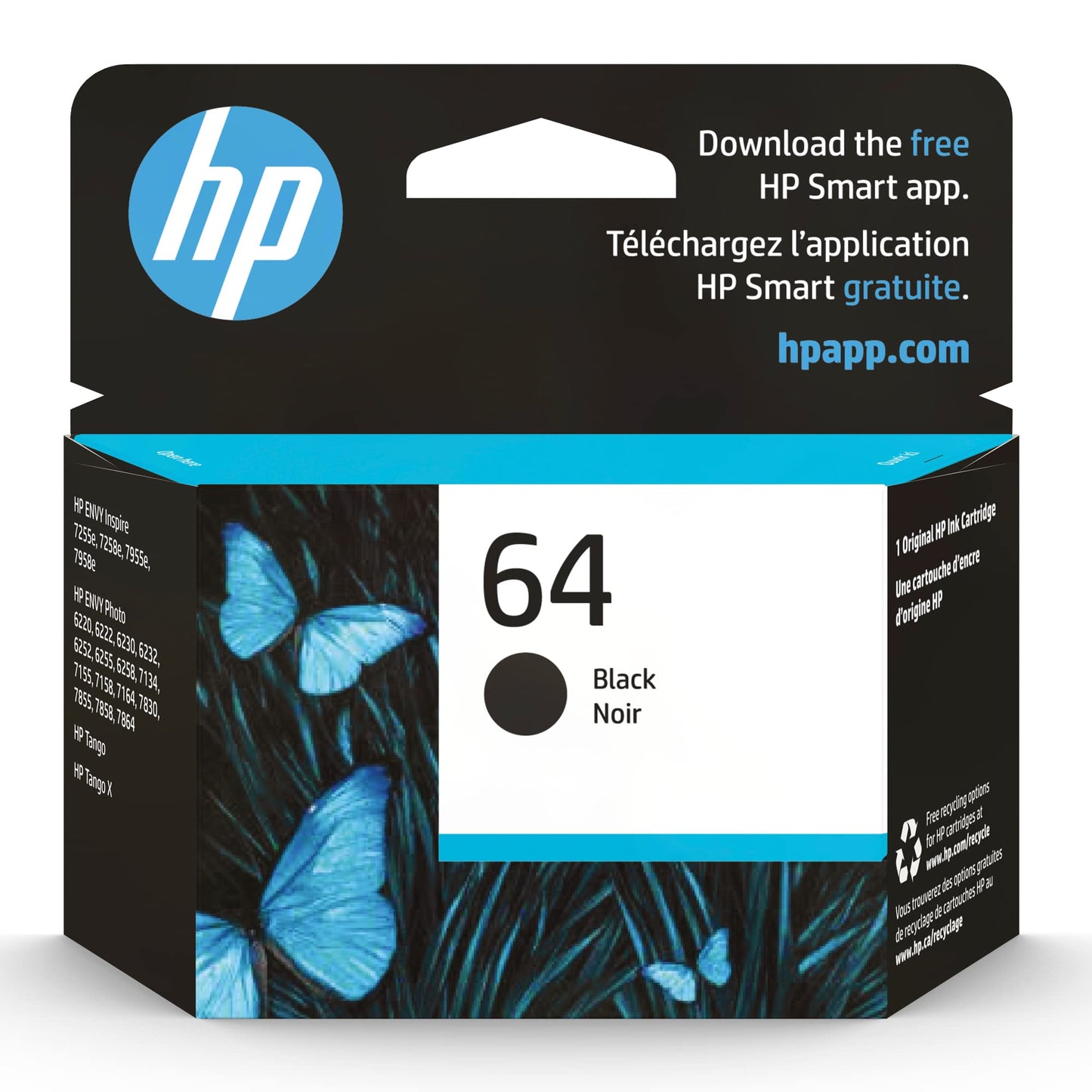 HP 64 Black Ink Cartridge | Works with Envy Inspire 7250e, 7950e, Envy Photo 6200, 7100, 7200, 7800, 7900, Tango Series | Eligible for Instant Ink |