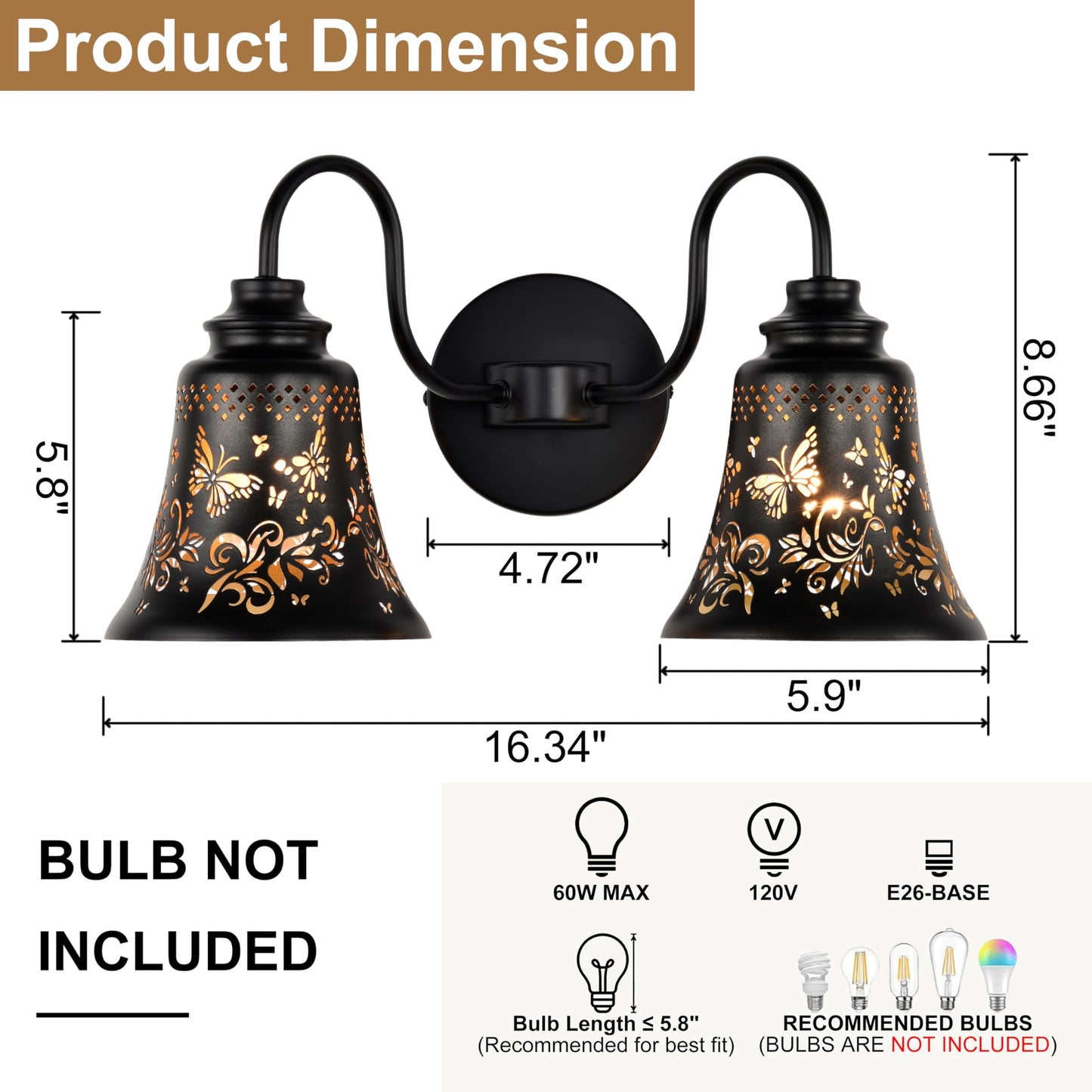 SendaLife 2 Light Bathroom Vanity Light,Rustic Butterfly Metal Black and Gold Wall Sconce,Industrial Bathroom Lighting Fixtures Over Mirror,Gooseneck