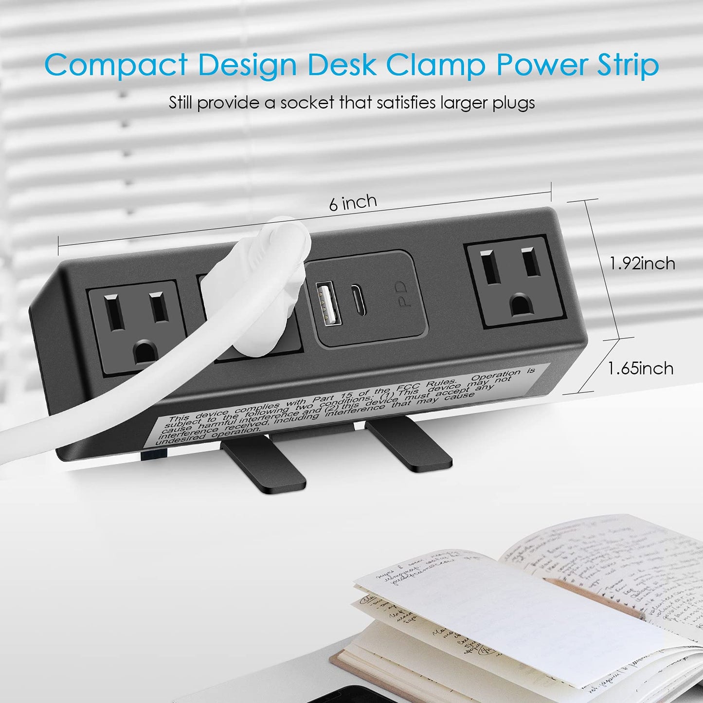 CCCEI Desk Clamp Power Strip with PD 3.0 Fast Charging USB C Port, on Desktop Mount Widely Spaced Outlet 10 FT Flat Plug, Fit 1.6 inch Tabletop Edge