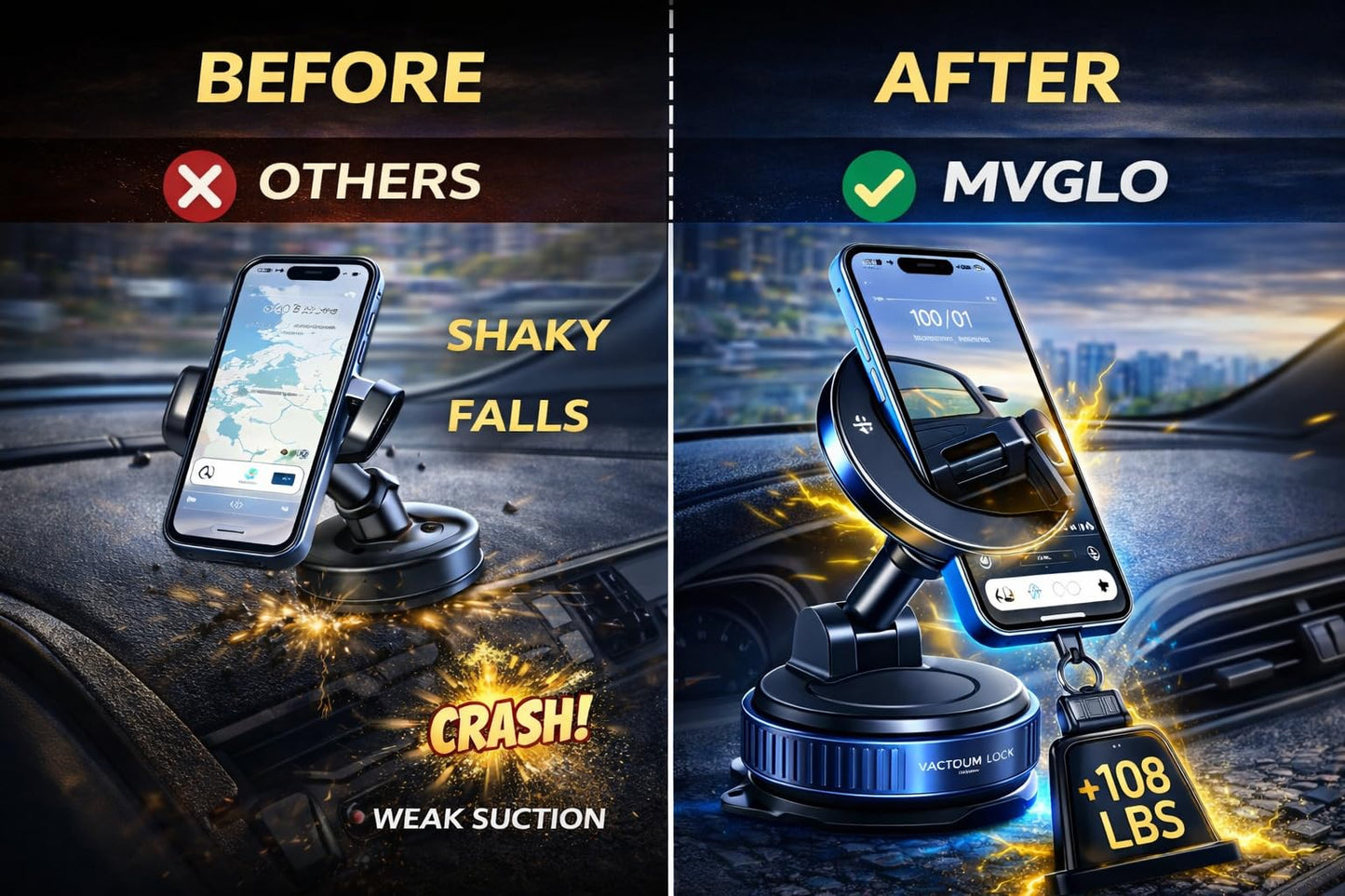 MVGLO Magnetic Car Phone Mount with Vacuum Suction, 108+ lbs Strong Hold, 360° Rotation, Dashboard & Windshield Holder for iPhone 15, 14, 13, 12