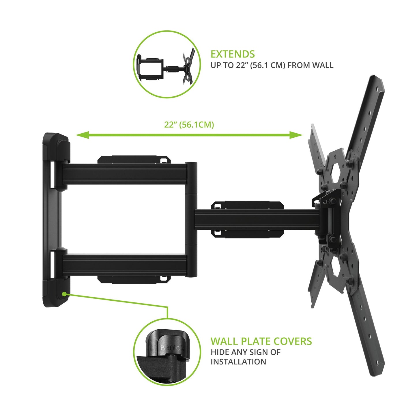 Kanto PS300 Full Motion Articulating TV Wall Mount for 26-inch to 60-inch TVs | Low Profile & 22" Extension | VESA Compatible up to 400 x 400 | Black