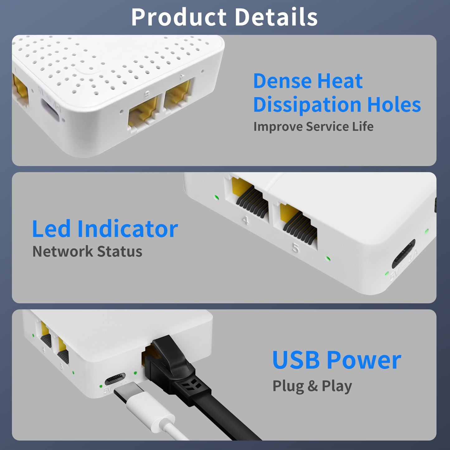 Gigabit Ethernet Switch 4 Port, Ethernet Splitter with USB Power Cable, Support 4 Devices Simultaneously Networking, 5 RJ45 Ports Splitter Adapter