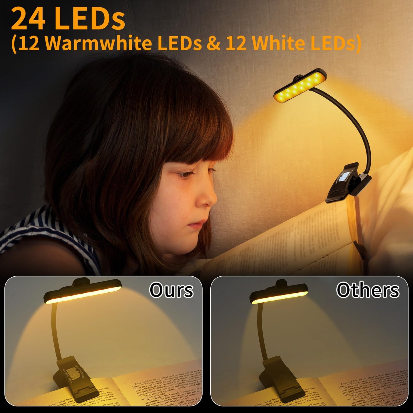 Mudder 24 LED Rechargeable Book Light Christmas Book Lover Gift for Reading in Bed with Memory Function Eye Caring 3 Color Temperatures Stepless