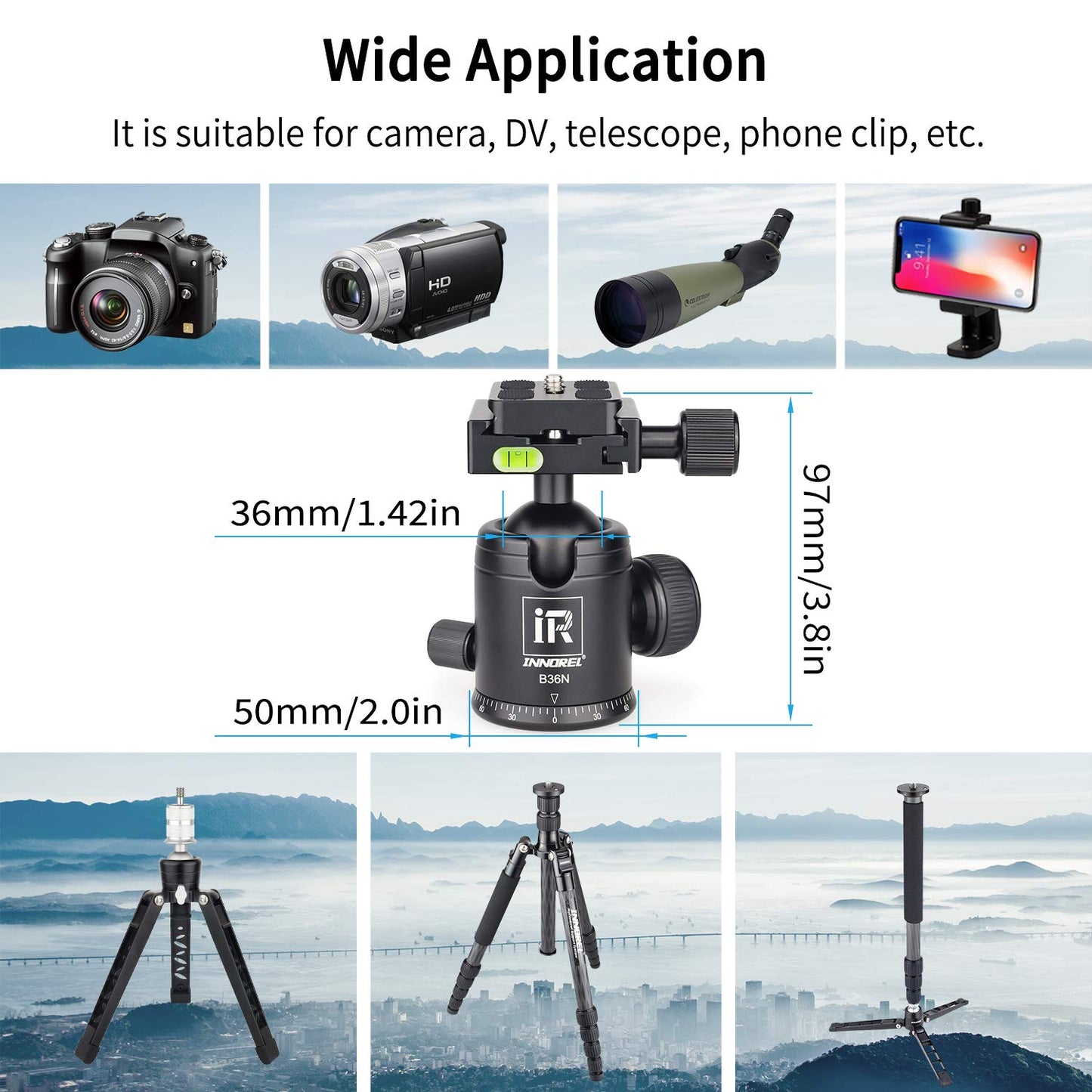 Tripod Ball Head, Camera Tirpod Ball Head Mount 36MM Diameter Ball INNOREL B36N All Metal CNC Panorama Ballhead 1/4" Screw 3/8" Hole for DSLR Camera