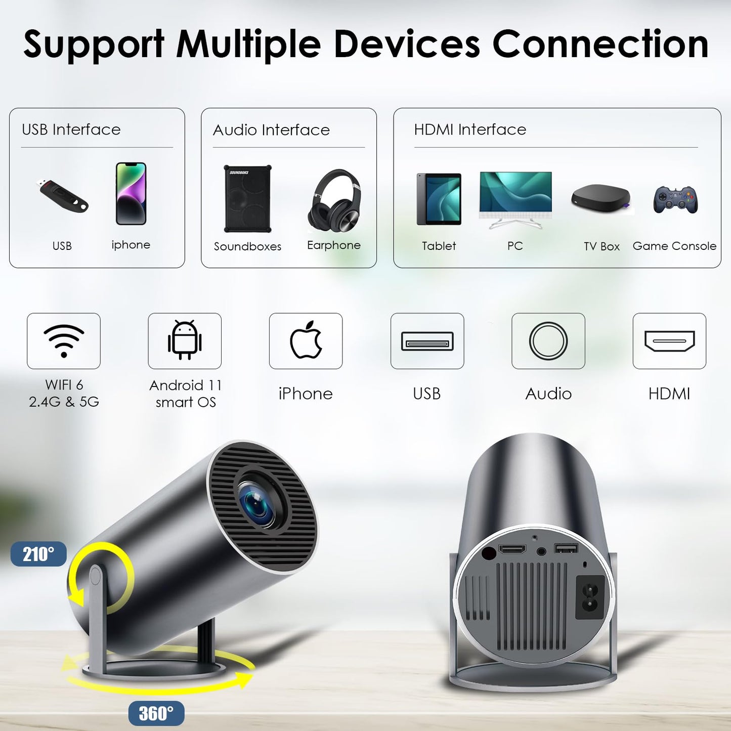 HY300 Plus Electric Focus Mini Portable Projector, Auto Keystone & 4K/300 ANSI, Smart HD Projector with WiFi 6, Bluetooth,130'' Screen Adjustment