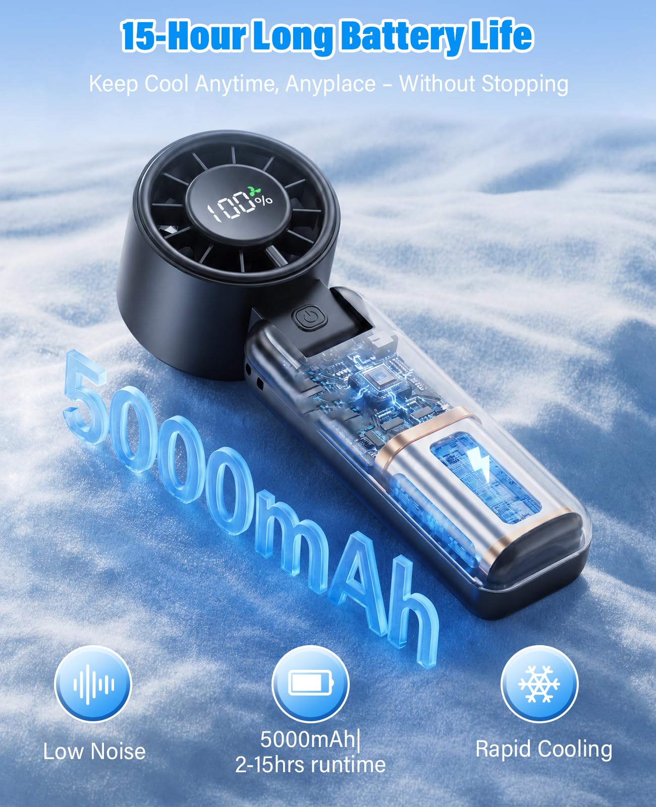 Portable Fan,Handheld Fan, 180° Foldable 6-Speed (1-100) Mini Fan, 5000mAh Rechargeable Battery Operated up to 15 Working Hours, LED Display Personal