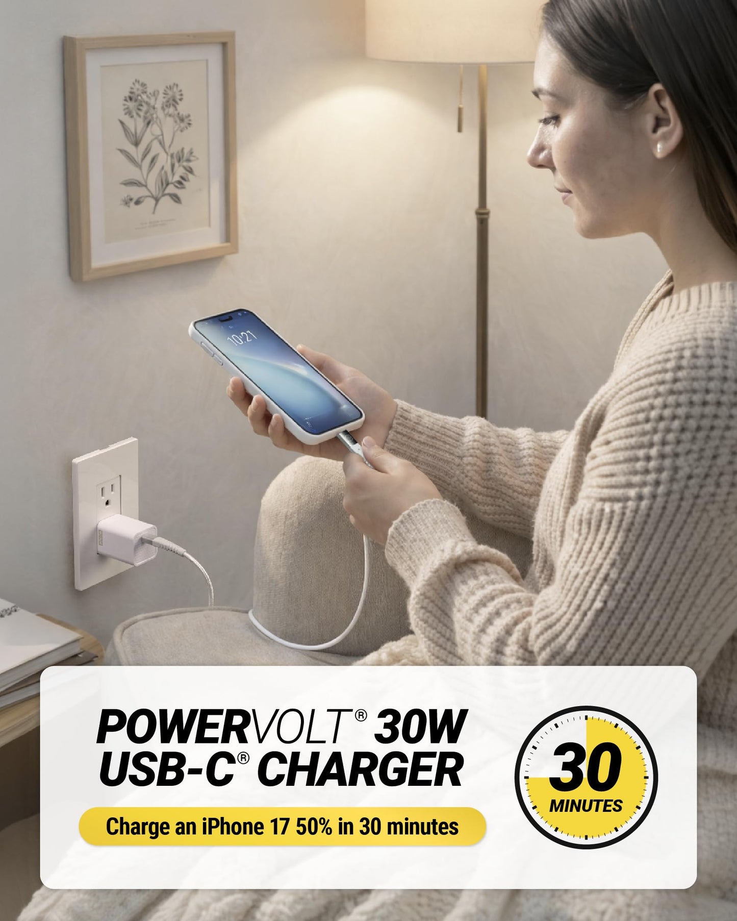 Scosche 30W USB C Charger Block and Braided 8ft USB-C Charging Cable, Fast Charging Type C Wall Charger Compatible with Apple iPhone Air, iPhone