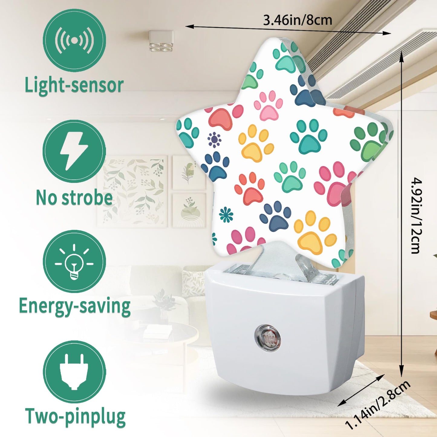 Dog Paw Plug in Star Night Light, Night Light with Sensor for Kids Nursery Bedroom, Decorative Soft Glow Lamp for Hallway Bathroom, Energy Saving