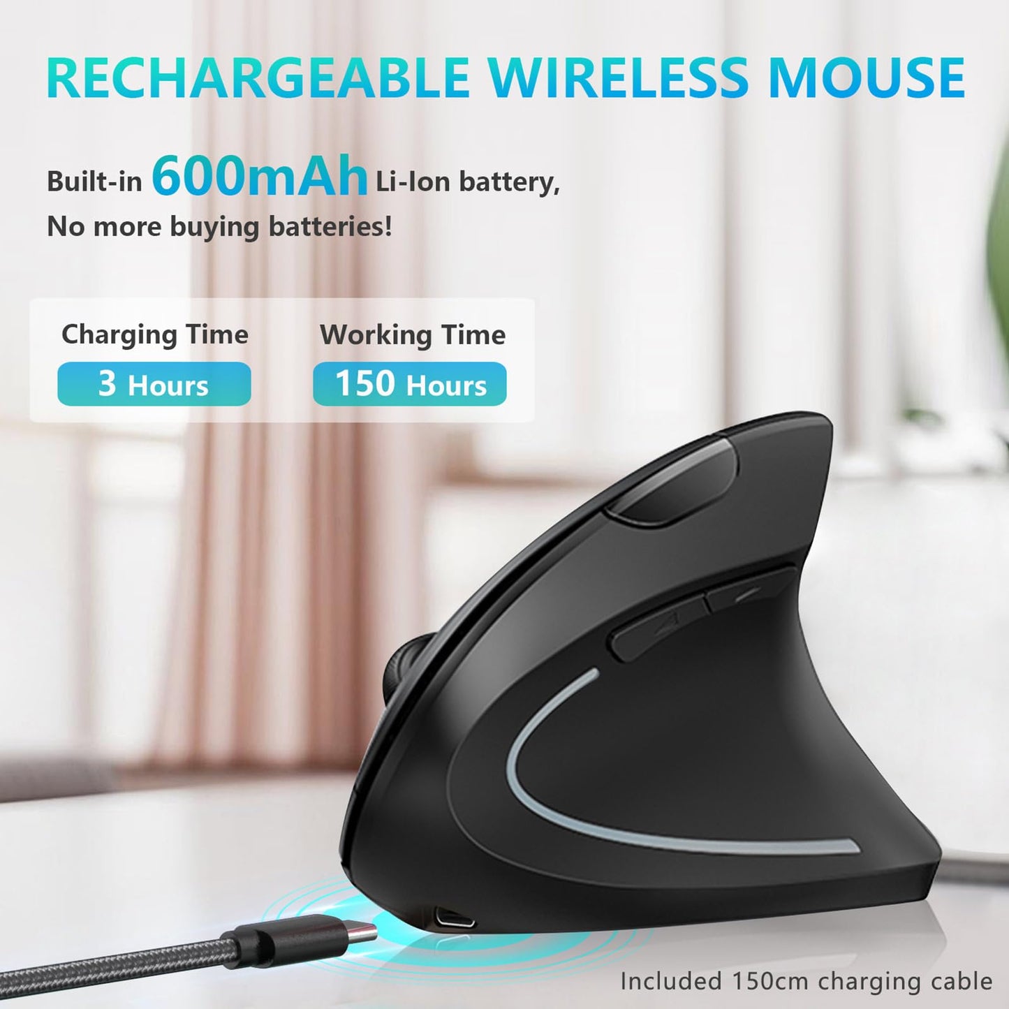 Ergonomic Mouse, LEKVEY Vertical Wireless Mouse - Rechargeable 2.4G Optical Vertical Mice : 3 Adjustable DPI 800/1200/1600 Levels 6 Buttons