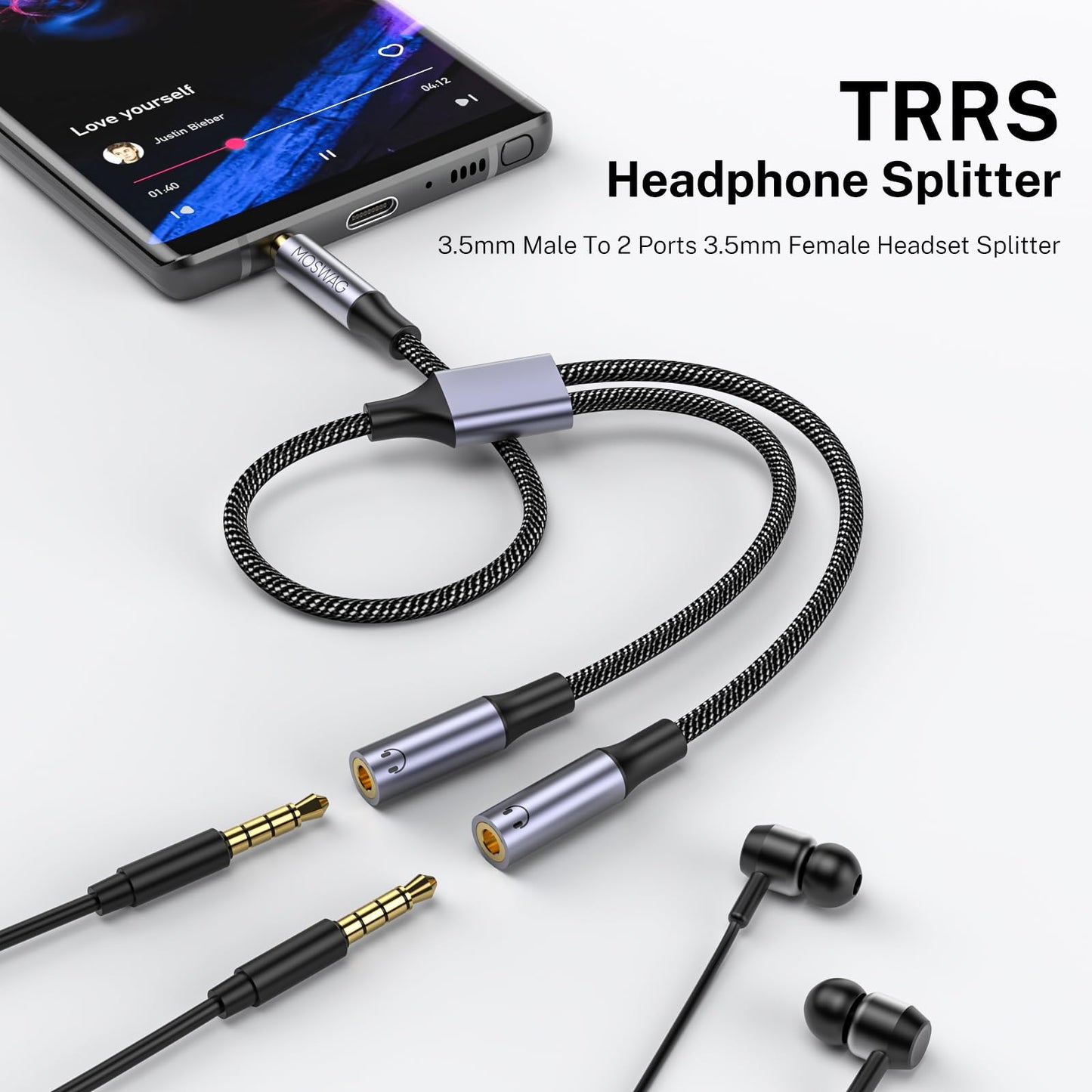 MOSWAG Headphone Splitter, Strong Braided & Gold-Plated 3.5mm TRRS Splitter for 2 Headphones, 3.5mm Stereo Audio Y Splitter Dual Headphone Jack