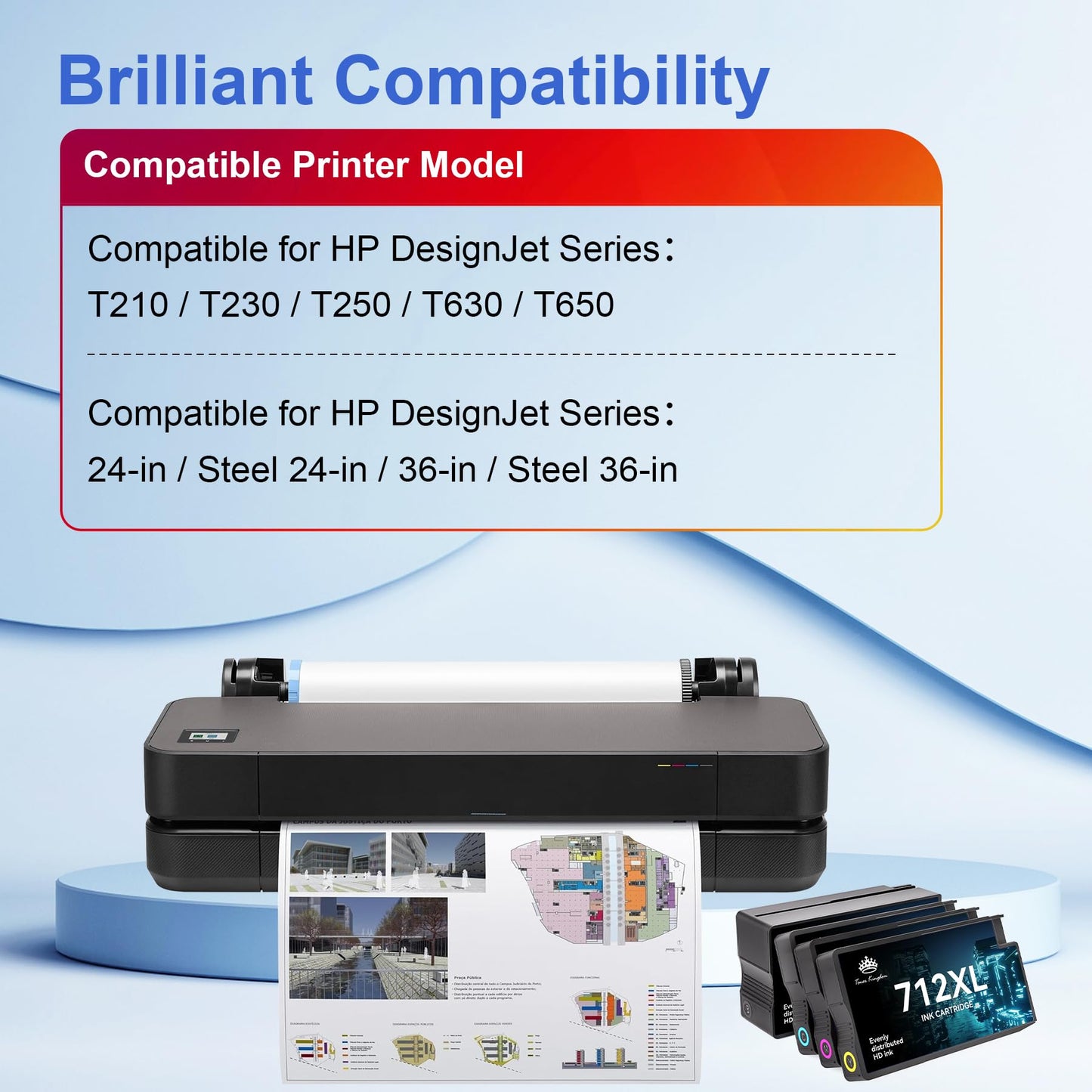 712XL Ink Cartridges Compatible Replacement for HP 712XL 712 Ink Cartridges Combo Pack Works with HP DesignJet T210 T230 T630 T650 Studio Plotter