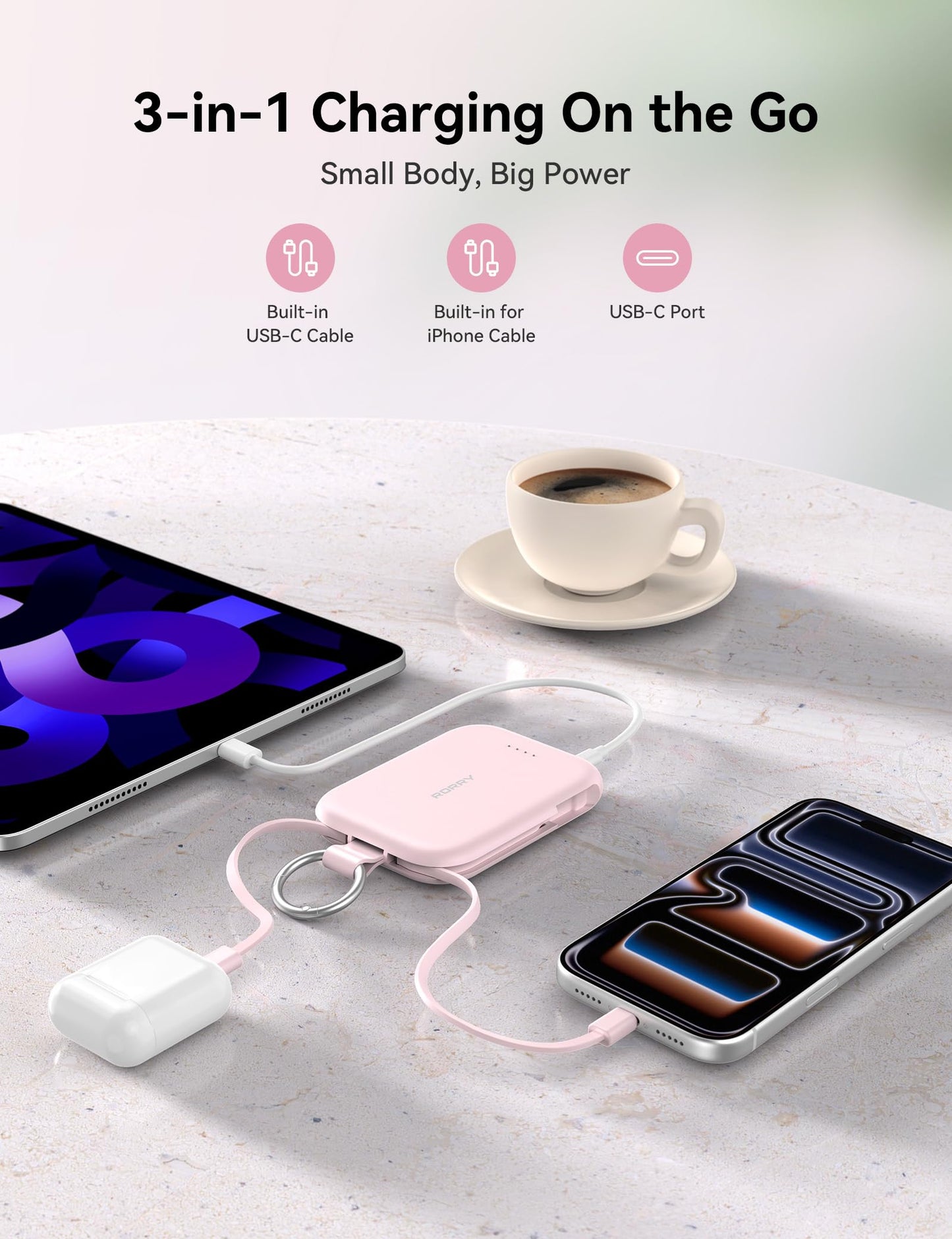 RORRY CharmGo Portable Charger, 5000mAh Portable Charger Power Bank with Built-in Cables, Travel Keychain Charger Battery Pack for iPhone