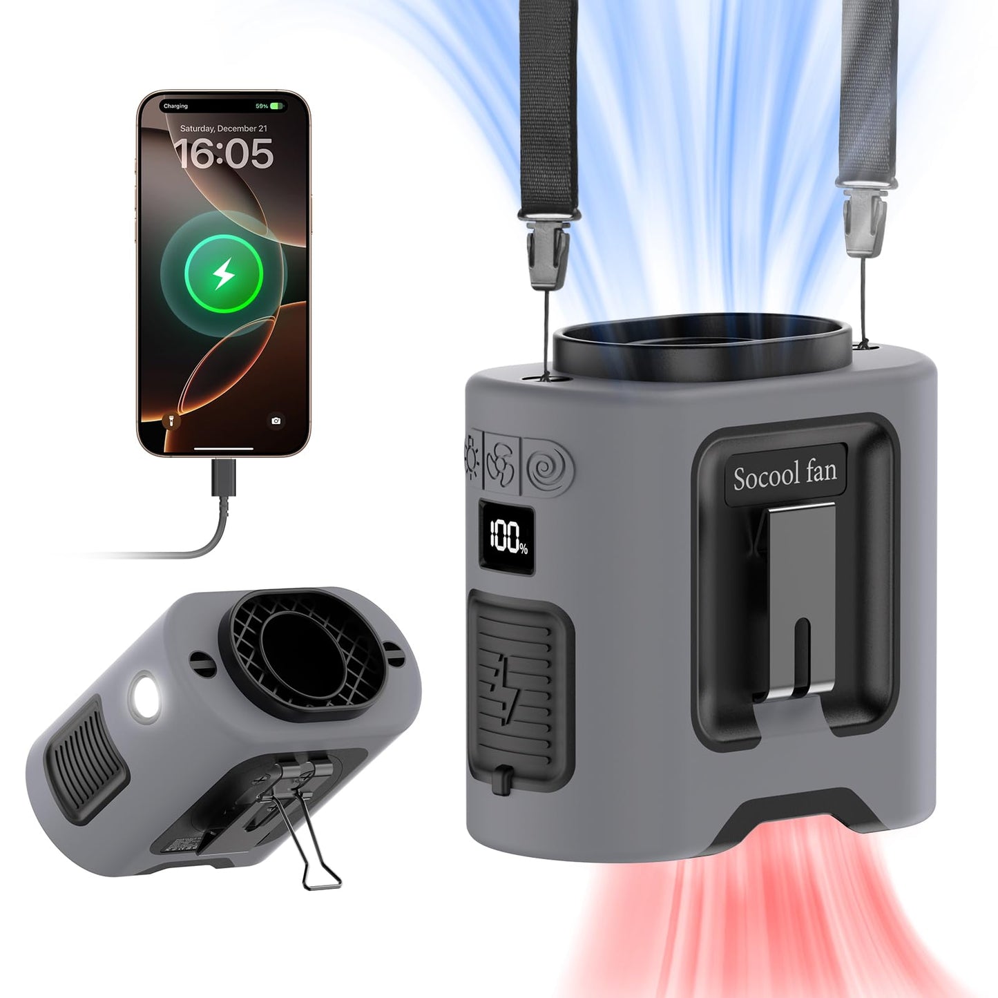 Socool 14500mAh Portable Waist Fan Clip on Belt 360 Rotation Wearable Rechargeable Personal Shirt Fan, 67H Cooling 5-Speed Battery Operated Fans