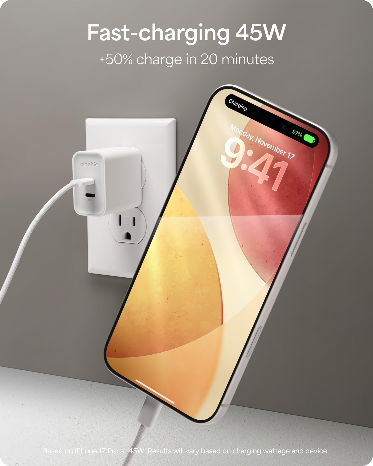Mophie Speedport 45 GAN USB-C Charger Block - 45W Fast Wall Charger, 2× USB?C PD Ports, Compact Foldable Prongs, Made with Recycled Materials