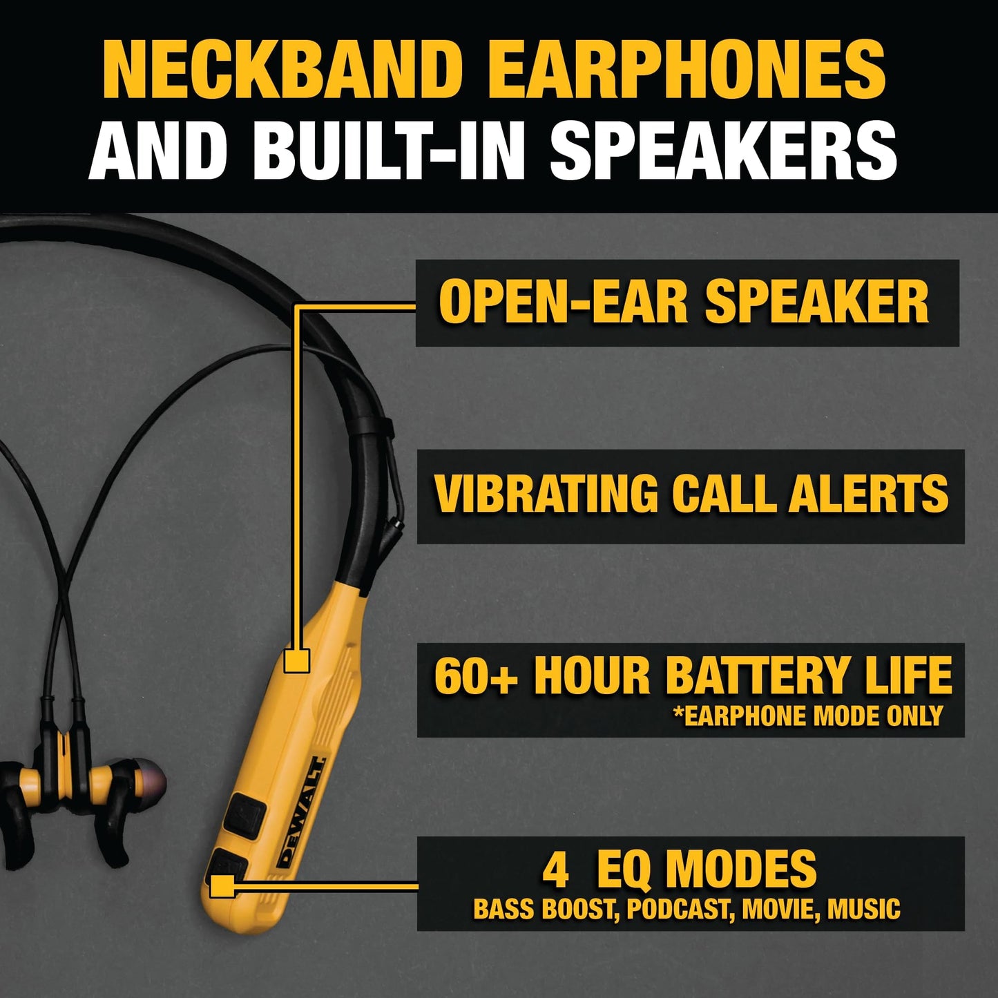 DEWALT Heavy Duty 2-in-1 Neckband Bluetooth Headphones w/Built-in Speakers, Jobsite Wearable Speaker & Around Neck Headphones, Wireless Bluetooth