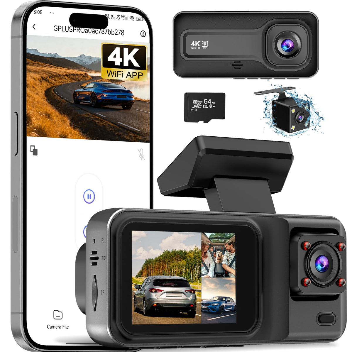 3 Channel 4K Dash Cam with 5GHz WiFi & APP Control, 4K+1080P+1440P Dash Cam Front and Rear Inside with 64GB Card, Dash Camera for Cars with Night Vision, Loop Recording, 24H Parking Mode, G-Sensor