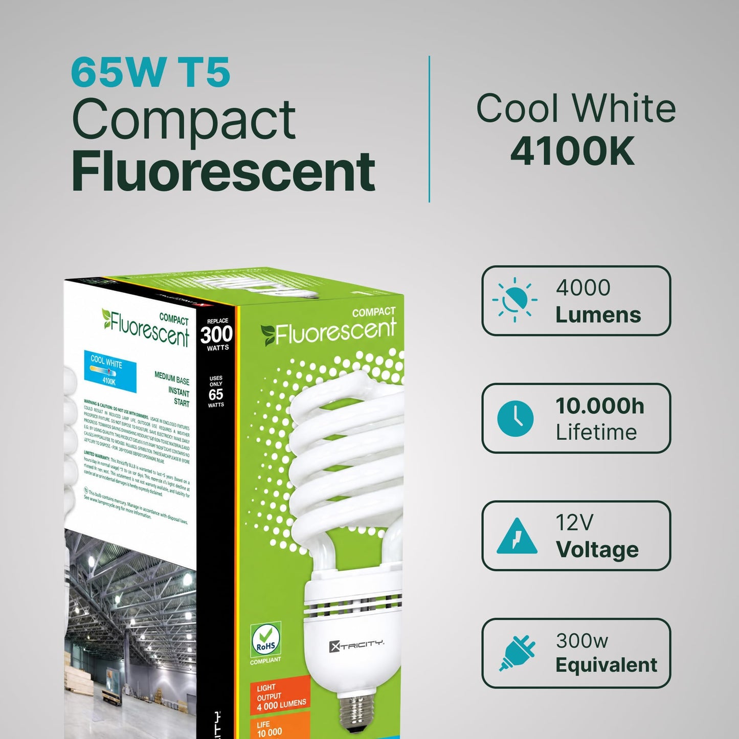 Xtricity CFL, 65W (300 Watt Equivalent), High Lumen 4000 Light Bulb, 4100K Cool White T5 Spiral, Compact Fluorescent, 4000 Lumens, E26 Medium Base