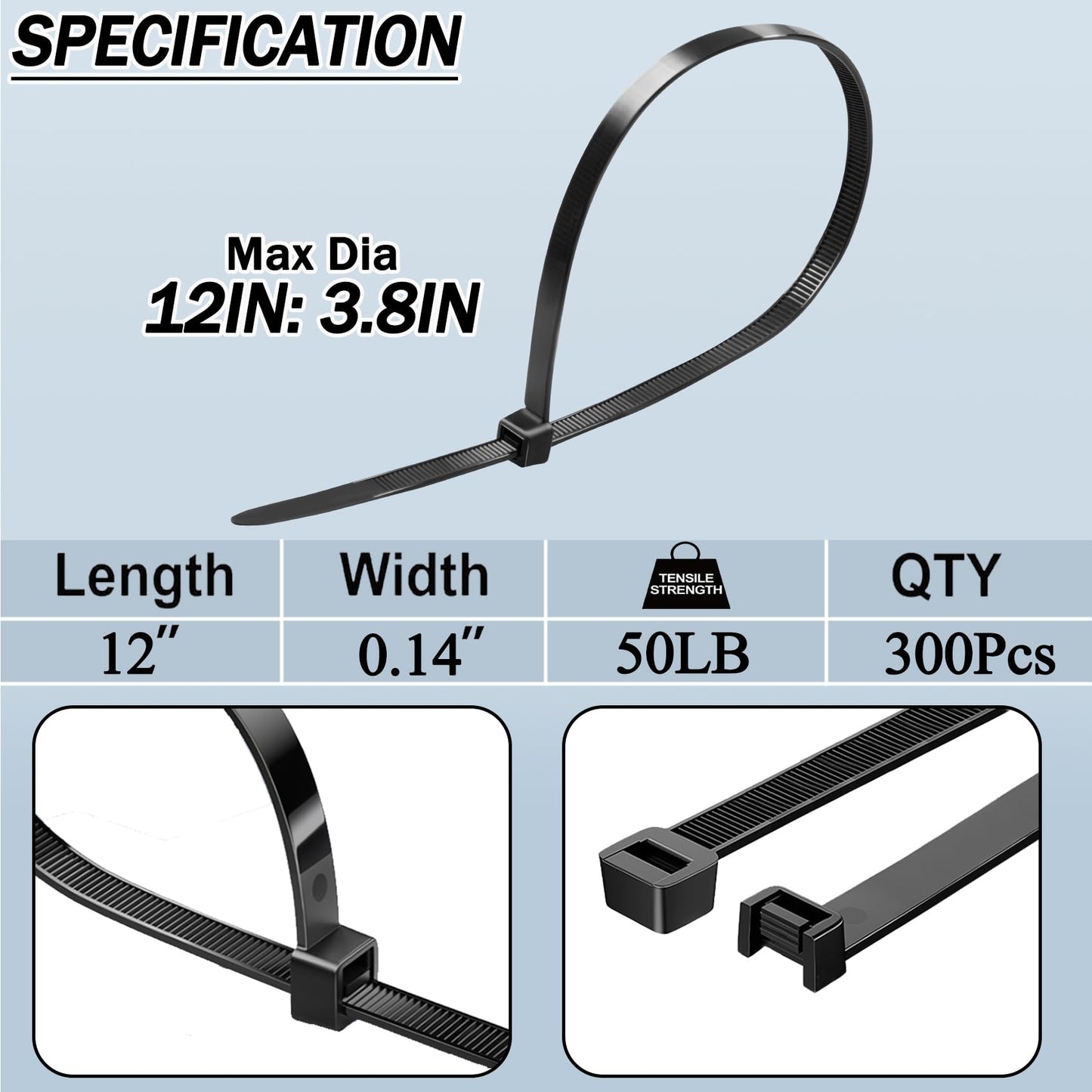 Zip Ties 12 Inch Cable Ties 300 Pack Cable Zip Ties Clear Tie Wraps with 50 Pounds Tensile Strength, Self-Locking Cable Ties, UV Resistant Nylon Wire