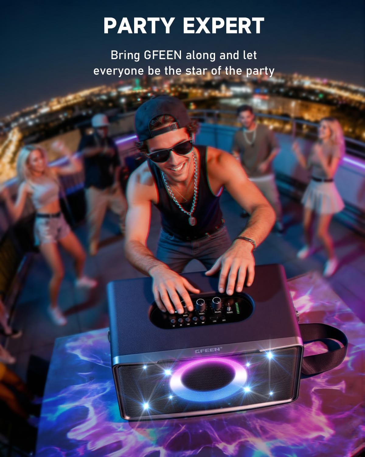 GFEEN Party Blutooth Speaker: 200W Peak Powerful Loud Sound! 15H Playtime, RGB Light Show, Fast Charging, Deep Bass, Large Portable Wireless Speaker