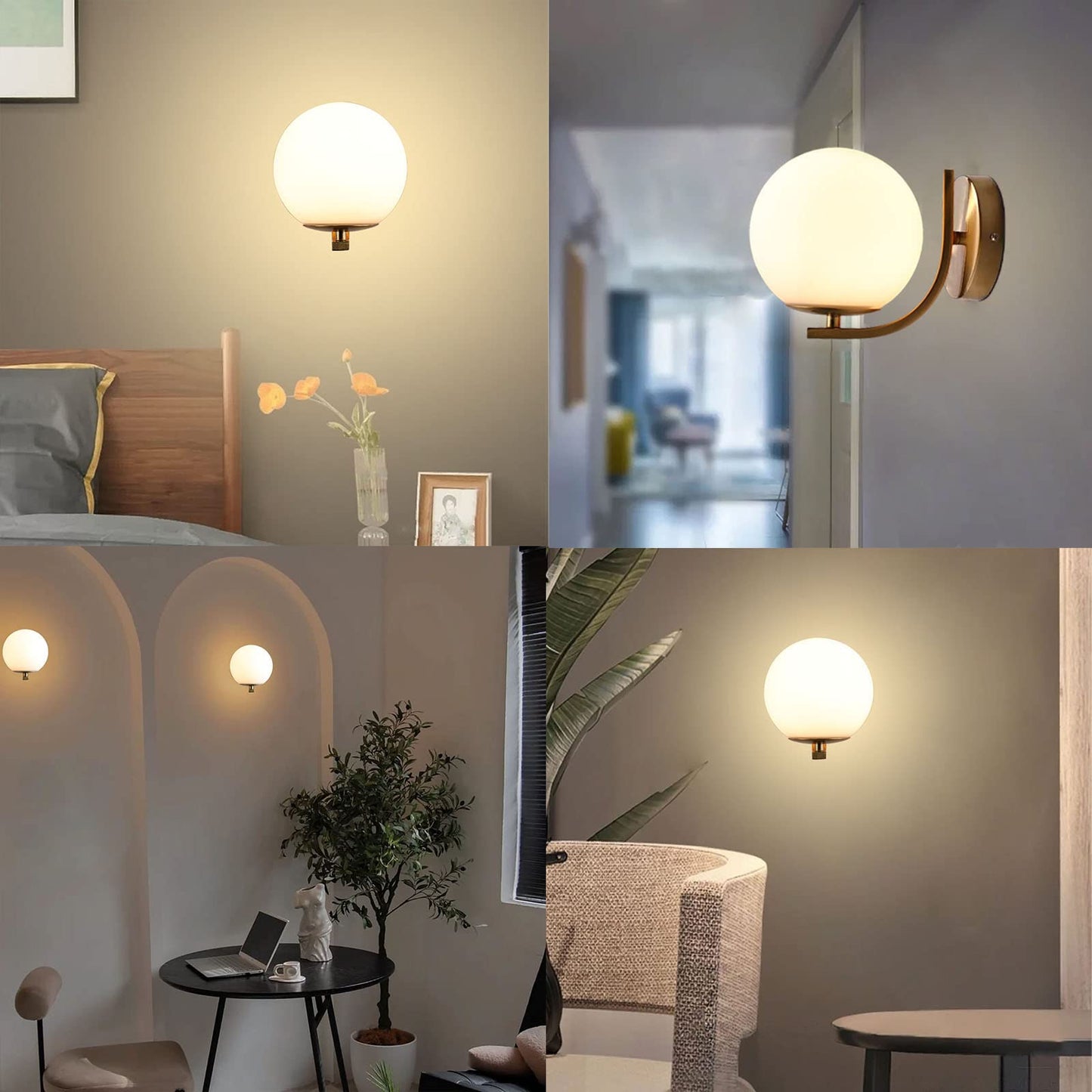 Popity home Gold Wall Sconces Set of 2, Mid Century Modern Wall Sconce with Globe Frosted Glass Shade, Art Deco Wall Mounted Light Fixture for Living