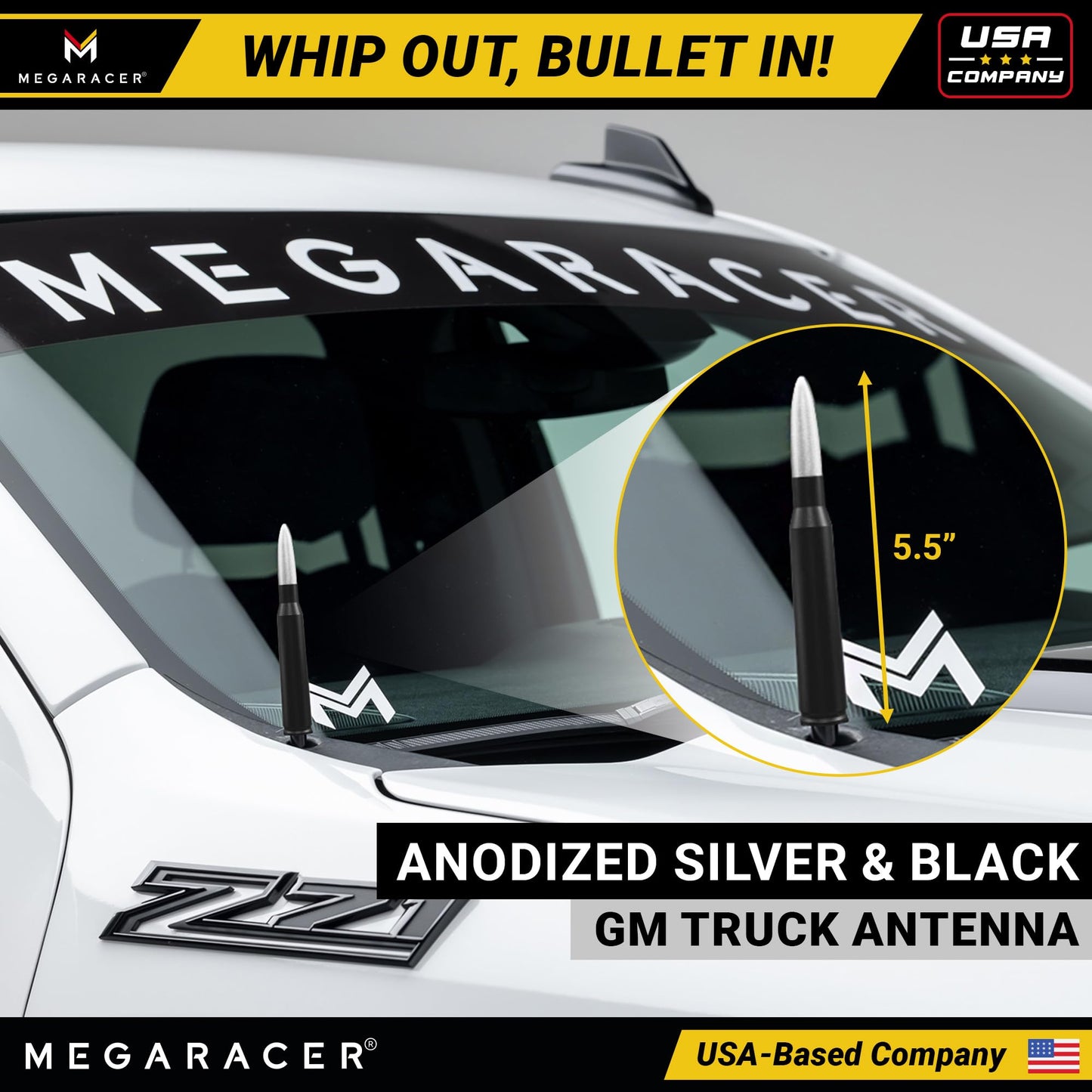Anodized Silver Black 50 Cal Bullet Antenna for Chevy Silverado & GMC Sierra 1500 2500 (1999-2026) - Rugged Billet Aluminum, UV & Chip-Resistant, Car