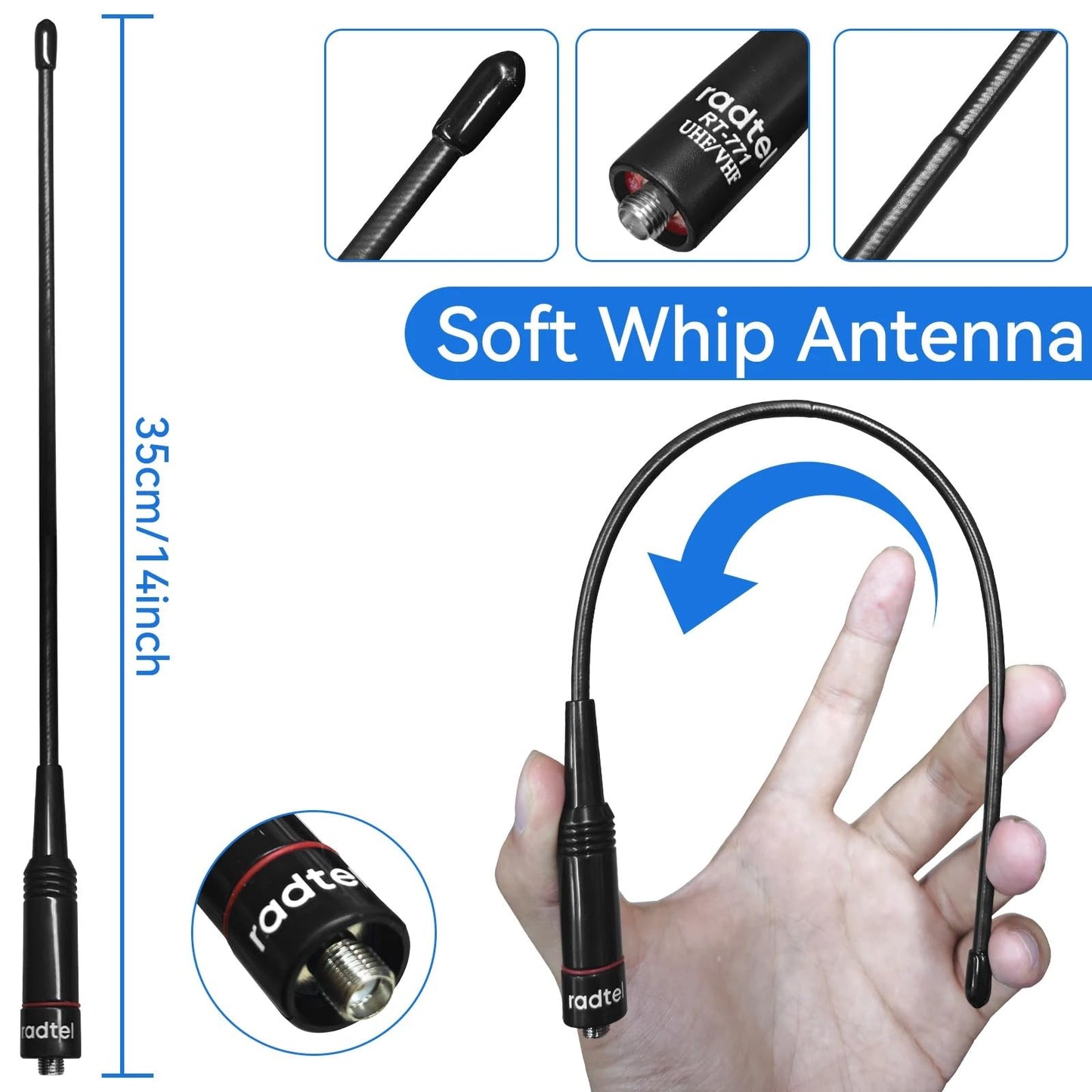 Radtel Tri-Band Flex Antenna RHD-771S 144//220/430Mhz 35cm/13.7inch SMA Female Foldable Soft Antenna Compatible with Baofeng Radtel RT-910B RT-470X