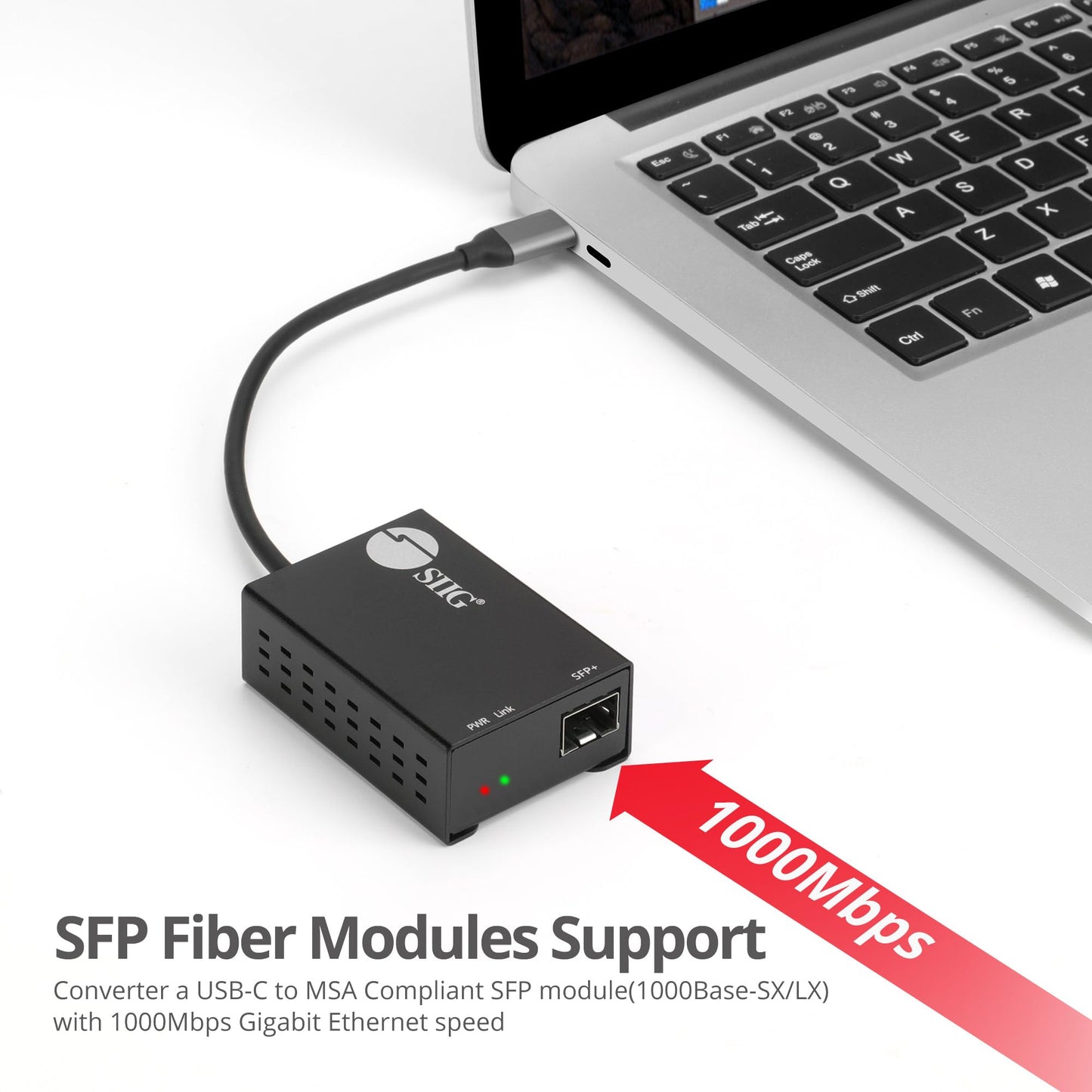 SIIG USB-C to SFP Fiber Gigabit Ethernet Adapter, 1 Gbps, Power Saving Mode IEEE 802.3az, Secure Network Connectivity, Heat Dissipation, Windows
