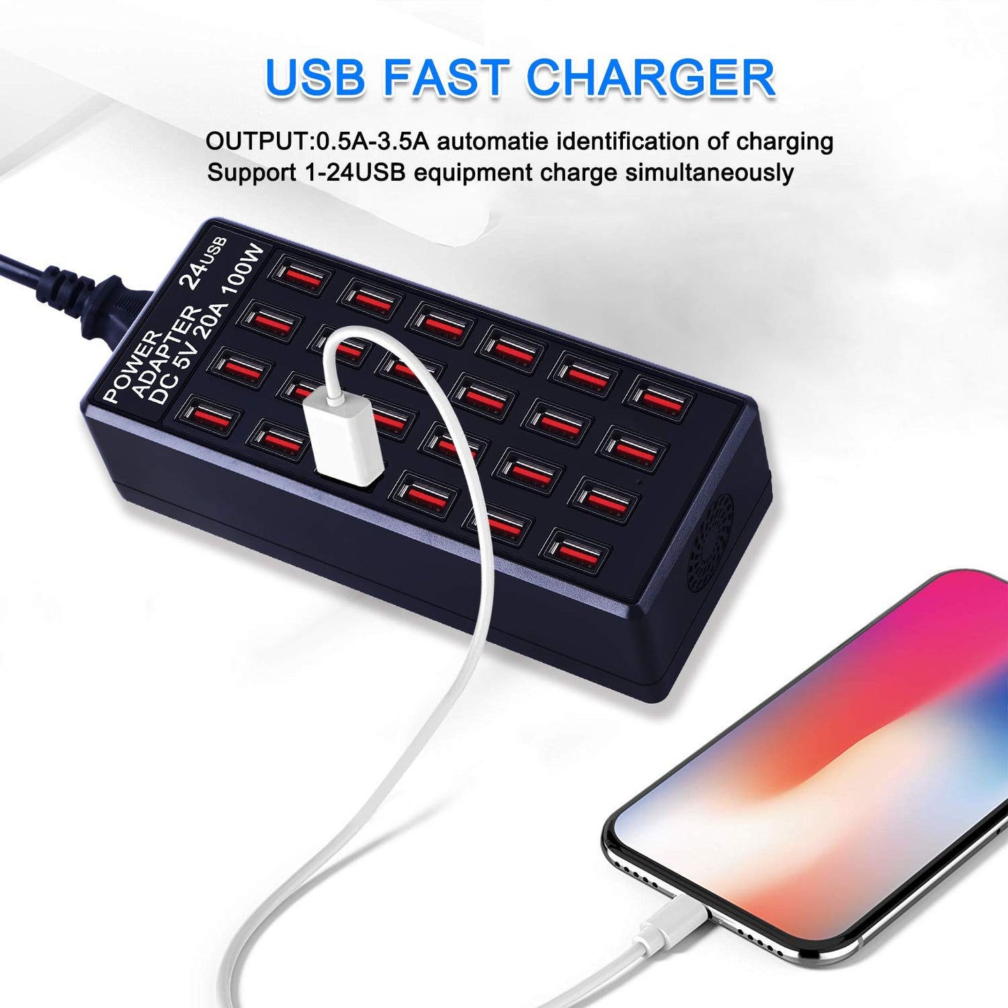 24-Port 100 watt (20 A) USB Charging Station, Home Desktop Fast Charger, Multiple Chargers, Suitable for Hotels, Shops, Schools, Shopping malls