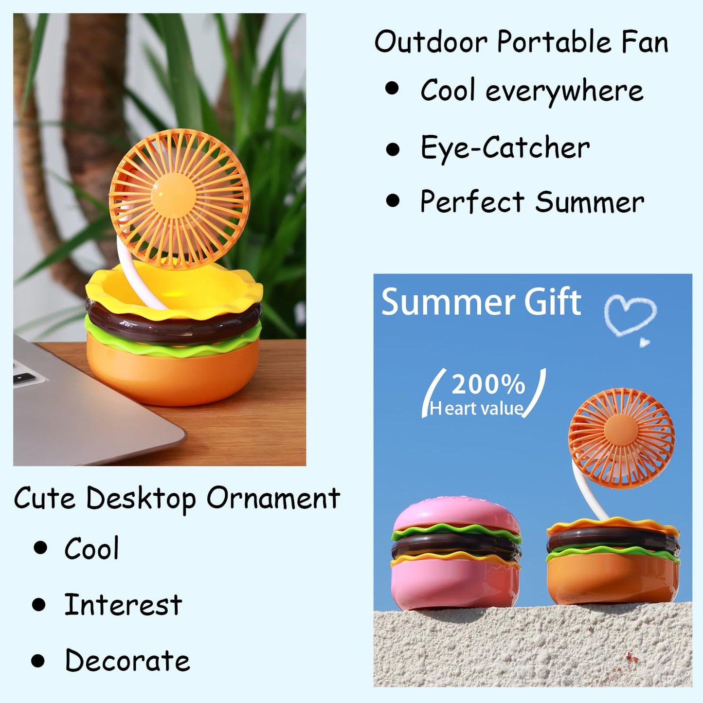 ROROUP Rechargeable Hamburger Desk Fan With Mirror 3 Inch Small Mini Cute Desk Fan Powerful 3 Speeds 360° Rotate USB Personal Portable Desktop Table