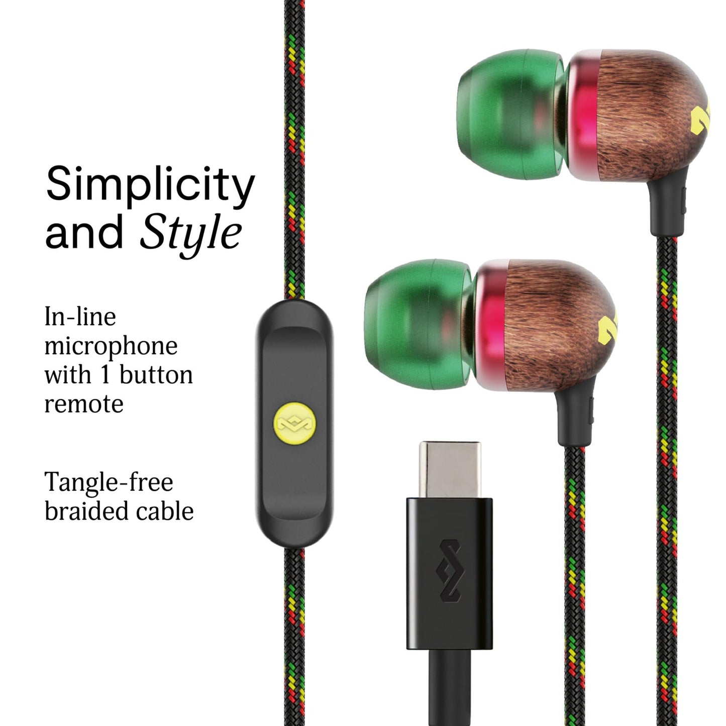 House of Marley Smile Jamaica USB-C Wired Earbuds with Microphone, in-Ear Headphones, 9.2mm Driver, Tangle-Resistant Cable, Plug-and-Play Earphones
