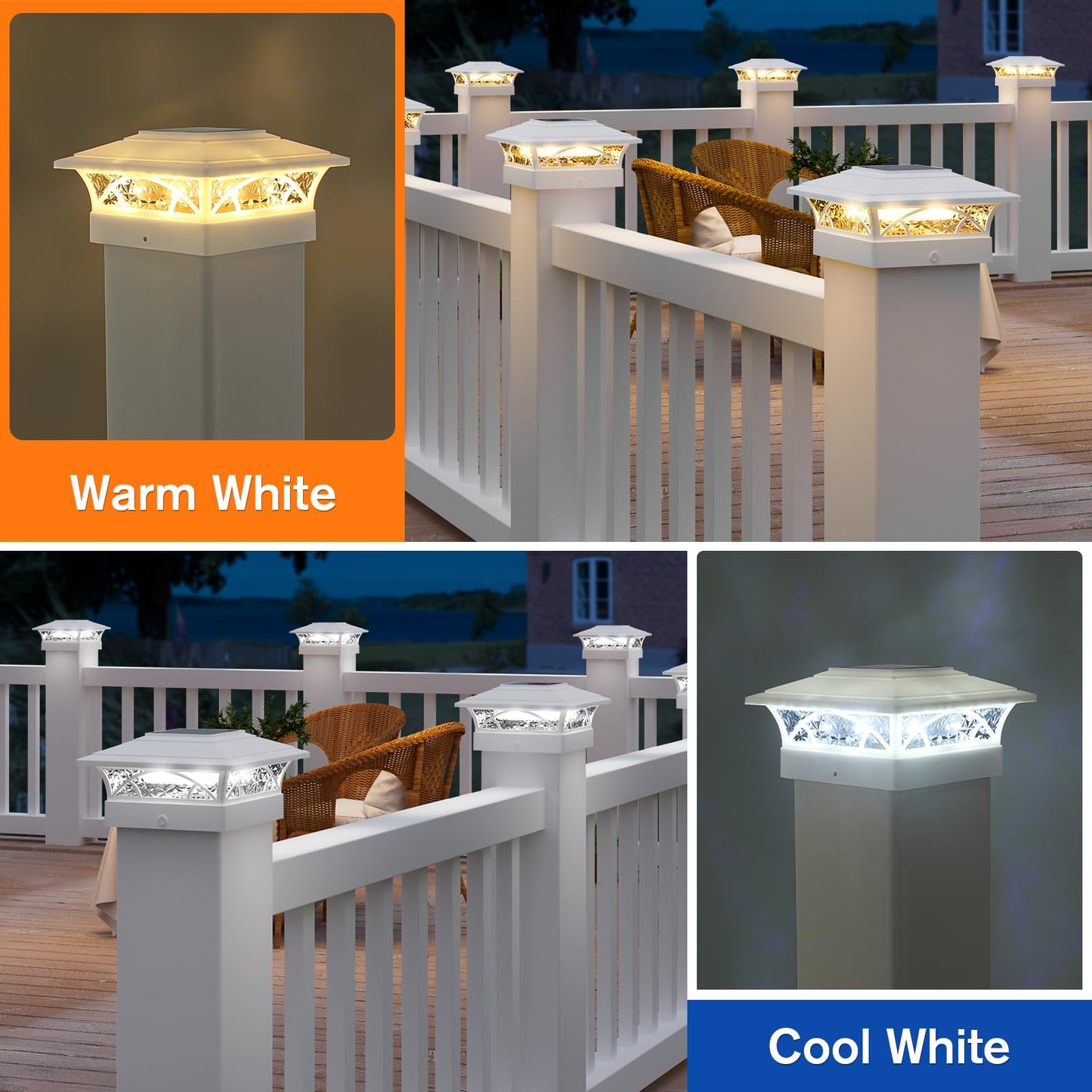 APONUO Solar Post Cap Lights 6 Pack - 4x4 5x5 6x6 Fence Post Lights, Auto On/Off, Waterproof IP64, 2-Mode (Warm/Cool White), Deck Patio Yard Solar
