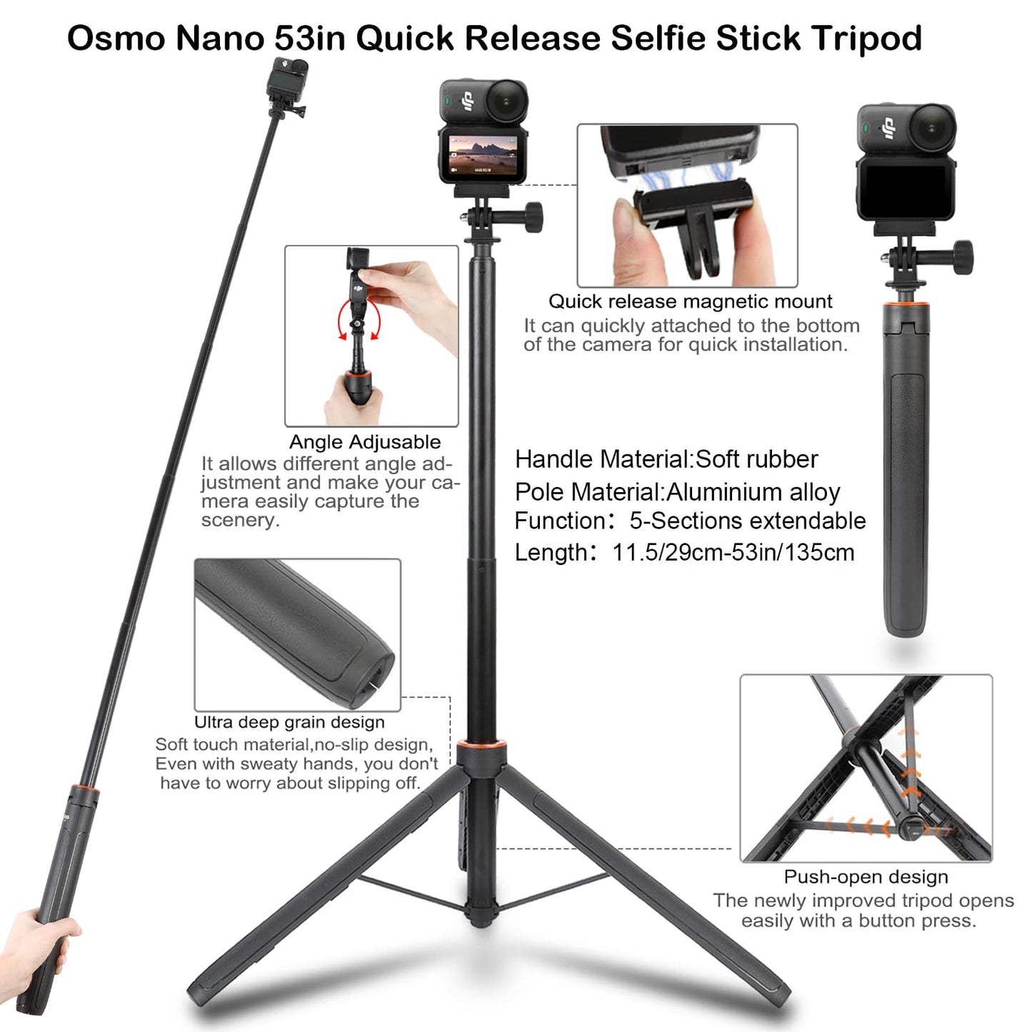 PellKing Accessories Kit for Osmo Nano,Included Carrying Case with Belt,135cm Selfie Stick Tripod with Magnetic Mount,Suction Cup,Magnetic