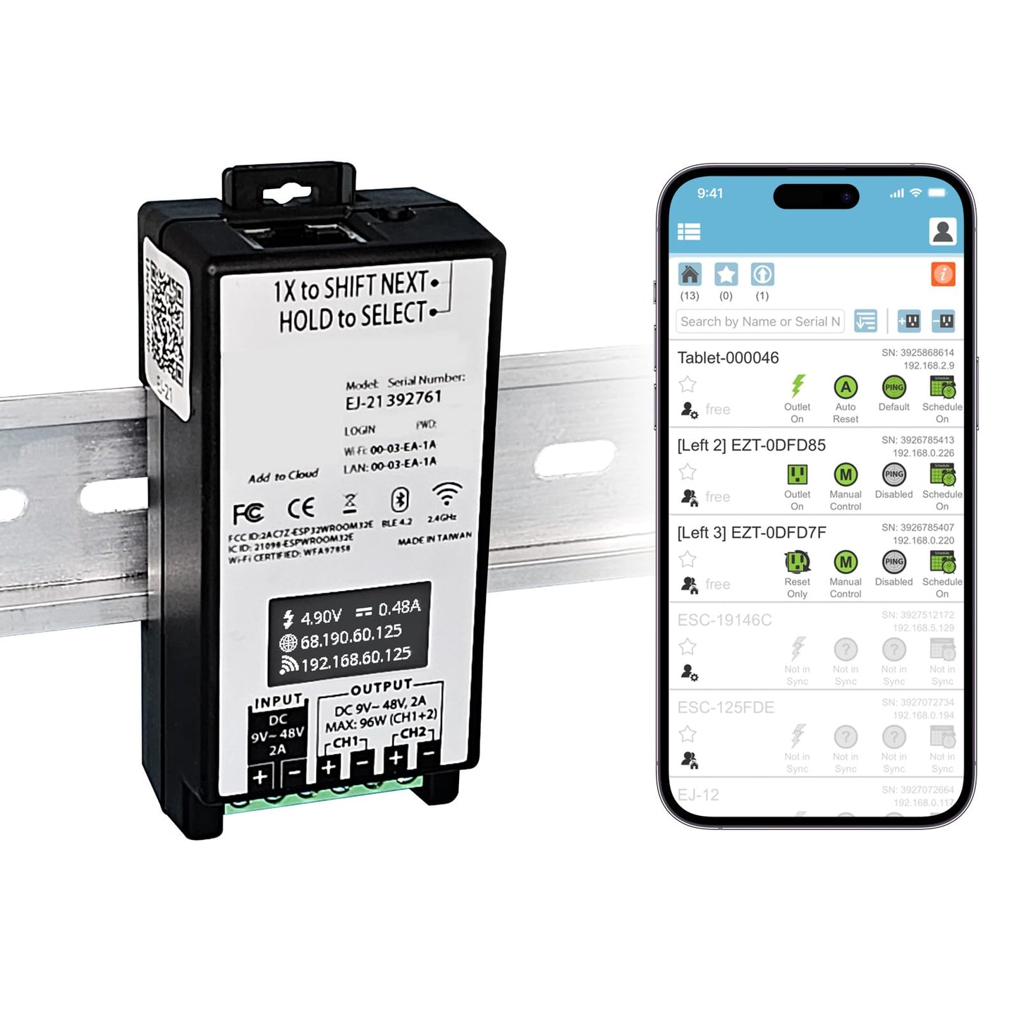 ezOutlet Industrial DIN Rail Mount Power Auto Reboot, Metering, Automatically Restarts Router When Connection Fails. 2-Channel, 9-48V, App