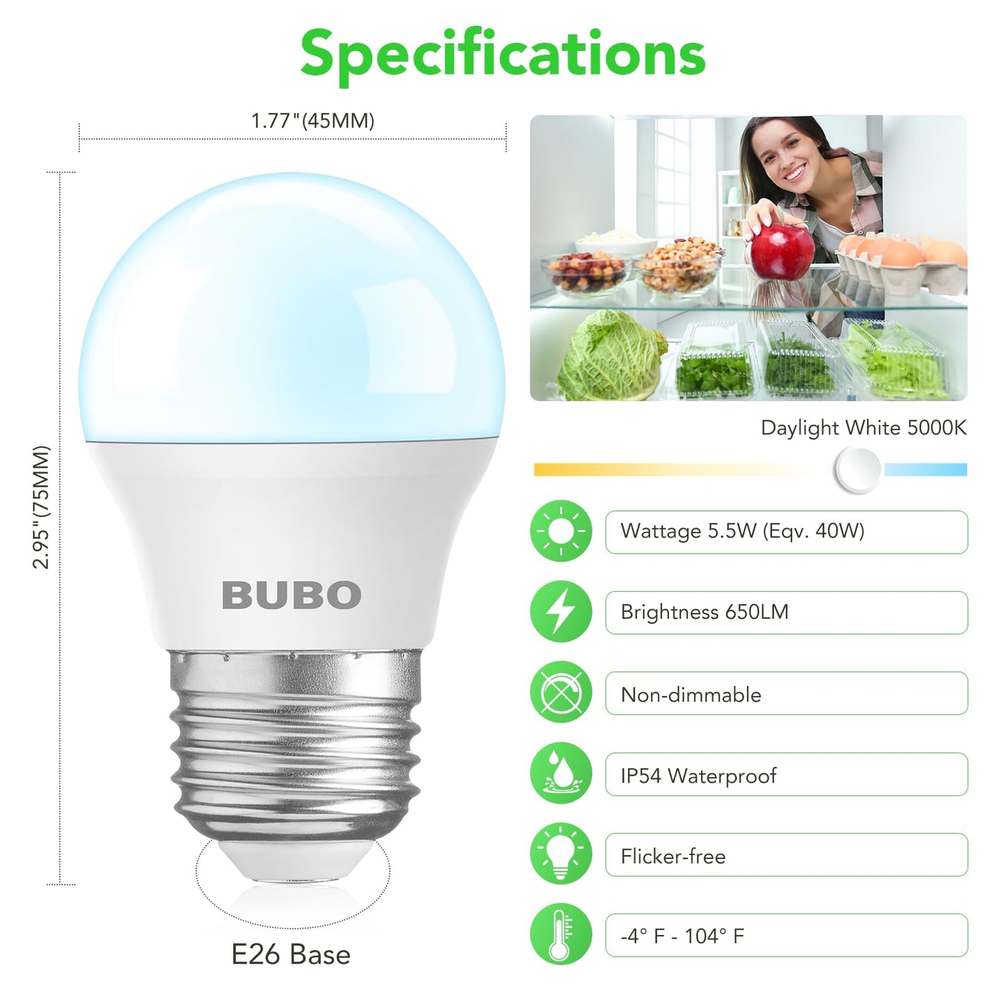 BUBO LED Refrigerator Light Bulb 40 Watt 120V, Fridge Light Bulb Daylight 5000K Waterproof, A15 Applicance Bulb for Freezer, E26 Medium Base