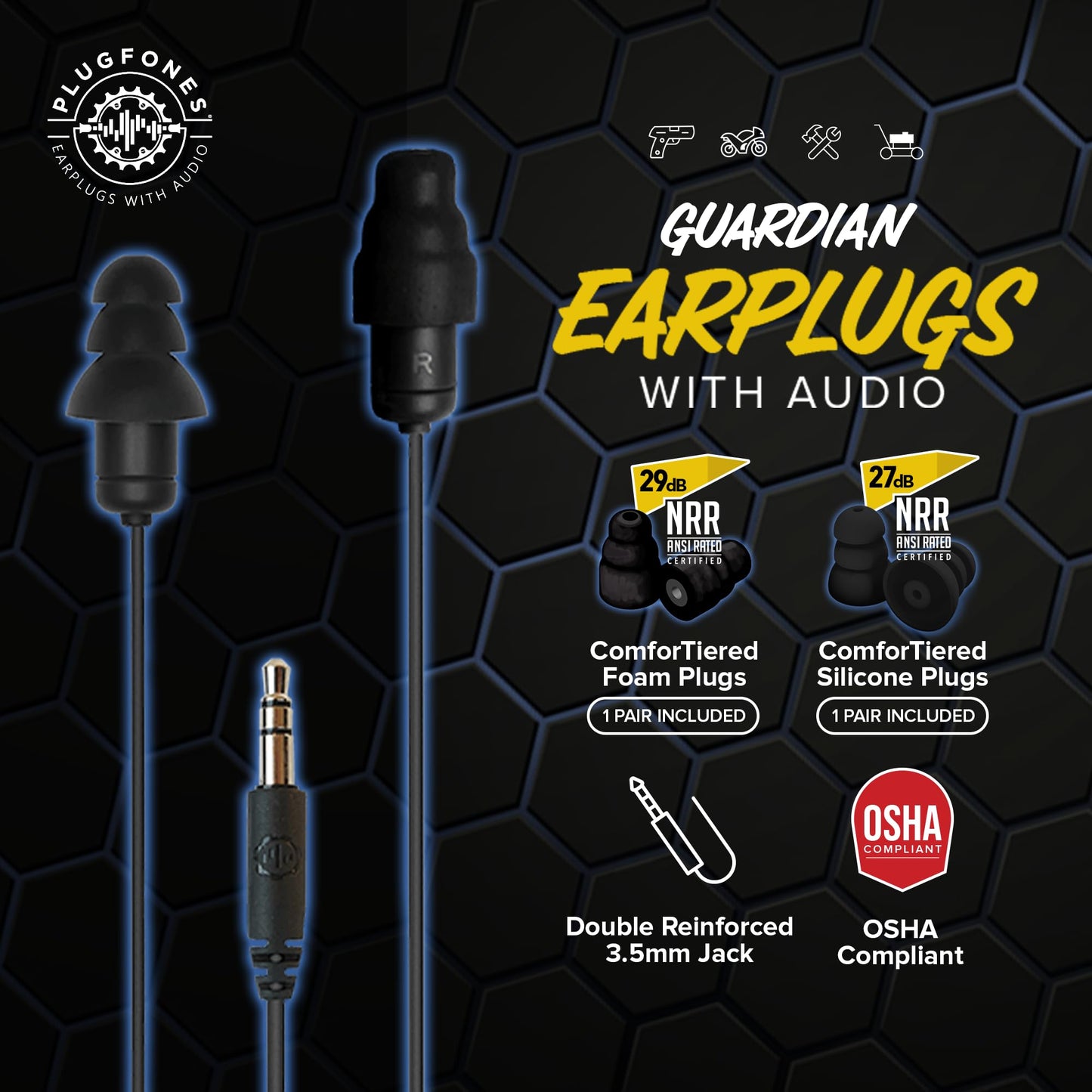 Plugfones Guardian Earplug Headphones - OSHA Compliant Noise-Reducing in-Ear Headphones with Hearing Protection - Wired Hybrid Design for Work