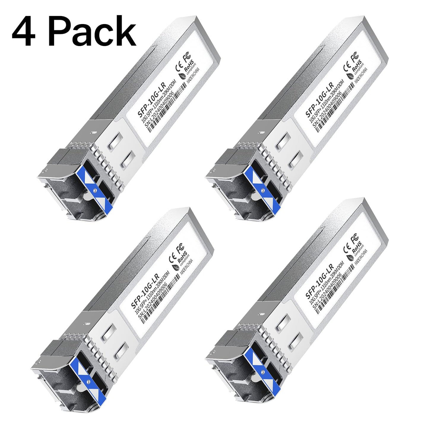 4Pack SFP+ LC 10GBase-LR Transceiver - 10G Single Mode Module, Compatible with Cisco SFP-10G-LR, Ubiquiti UF-SM-10G, Meraki, Mikrotik, Netgear, Aruba