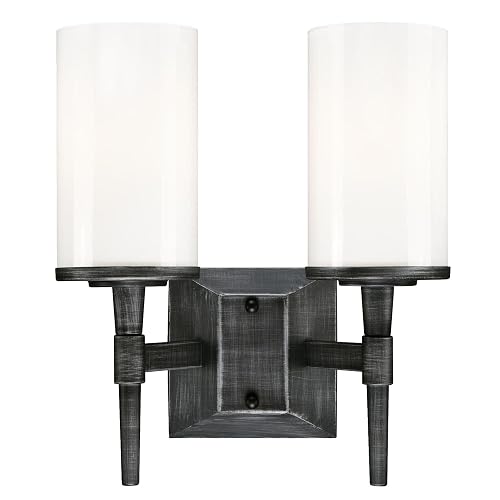 Westinghouse Lighting 6324900 Courtfield Two-Light Indoor Wall Fixture, Distressed Aluminum Finish with White Opal Glass