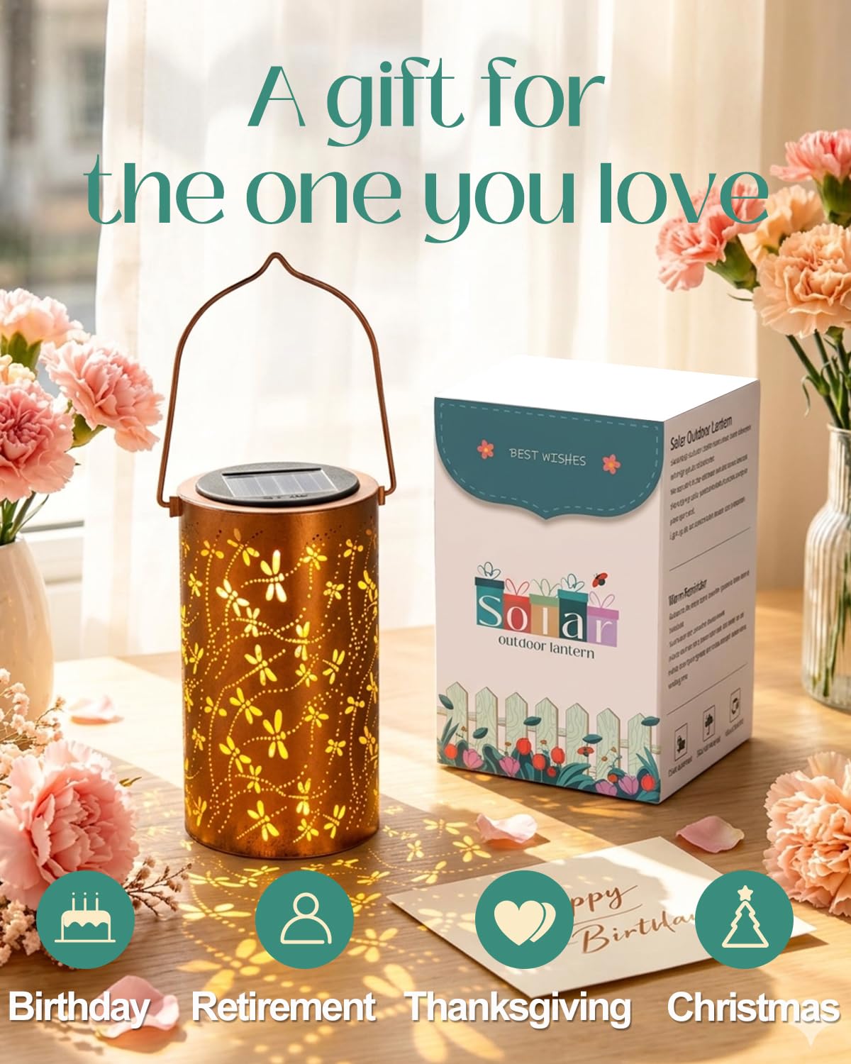 DIBIEECN Birthday Gifts for Women Mom Grandma Wife, Solar Lanterns Outdoor Waterproof, Metal Hanging Lights Garden Decor, LED Decorative Lantern