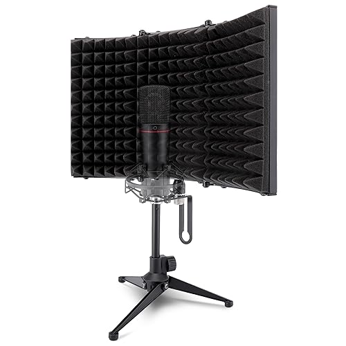 Pyle Compact Microphone Isolation Shield - Portable Studio Mic Sound Dampening Foam Reflector with Adjustable Panels, Acoustic Foam, Tabletop Tripod