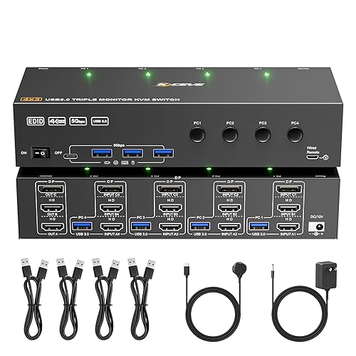 KVM Switch 3 Monitors 4 Computers 4K@60Hz,EDID Simulation,USB 3.0 HDMI Displayport KVM Switch Triple Monitor for 4 PC Share 3 Monitors and Keyboard