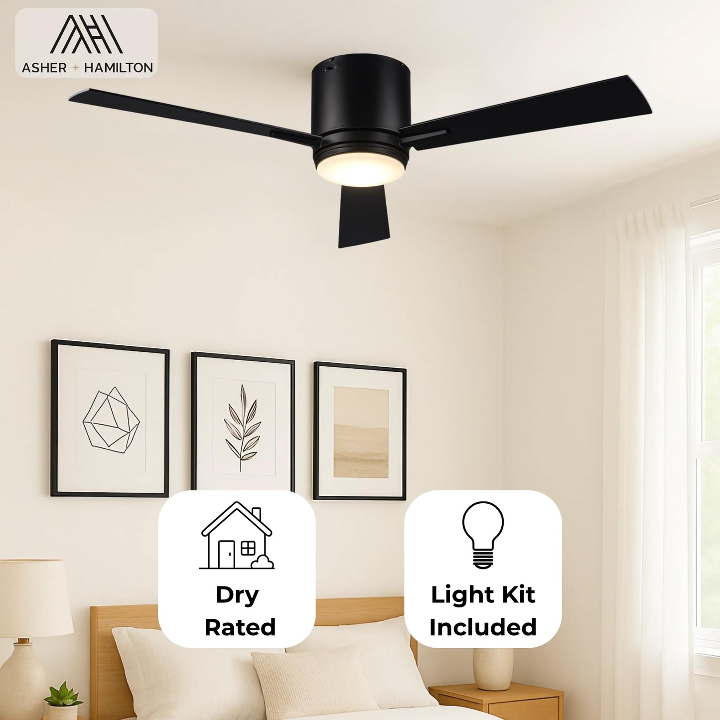Asher Hamilton AHF-213BK Vero 52 Inch Low Profile Indoor Ceiling Fan | Integrated LED 22 Watts 1160 Lumens 3000K | 3 Blade Flush Mount Design |