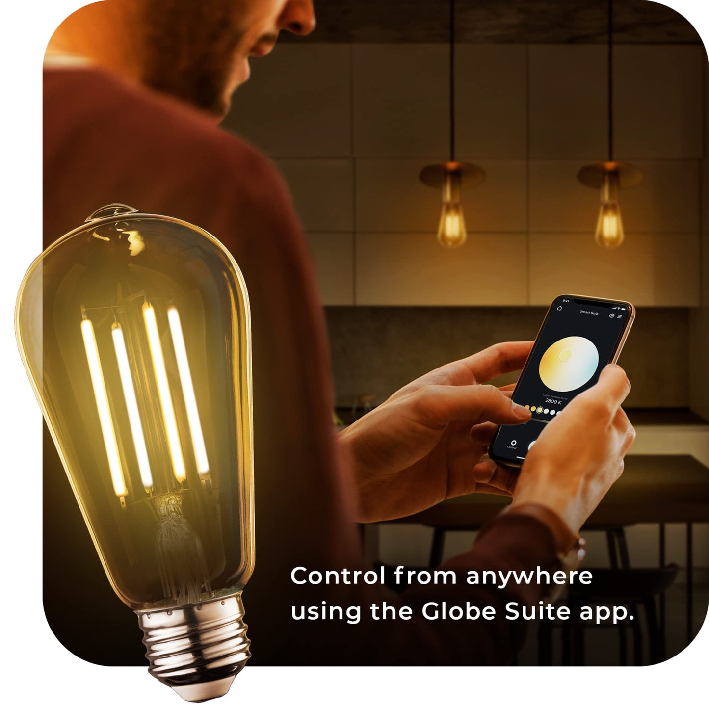Globe Electric 34919 Wi-Fi Smart 5.5W (60W Equivalent) Straight Filament Tunable White Amber Glass LED Light Bulb, No Hub Required, Voice Activated