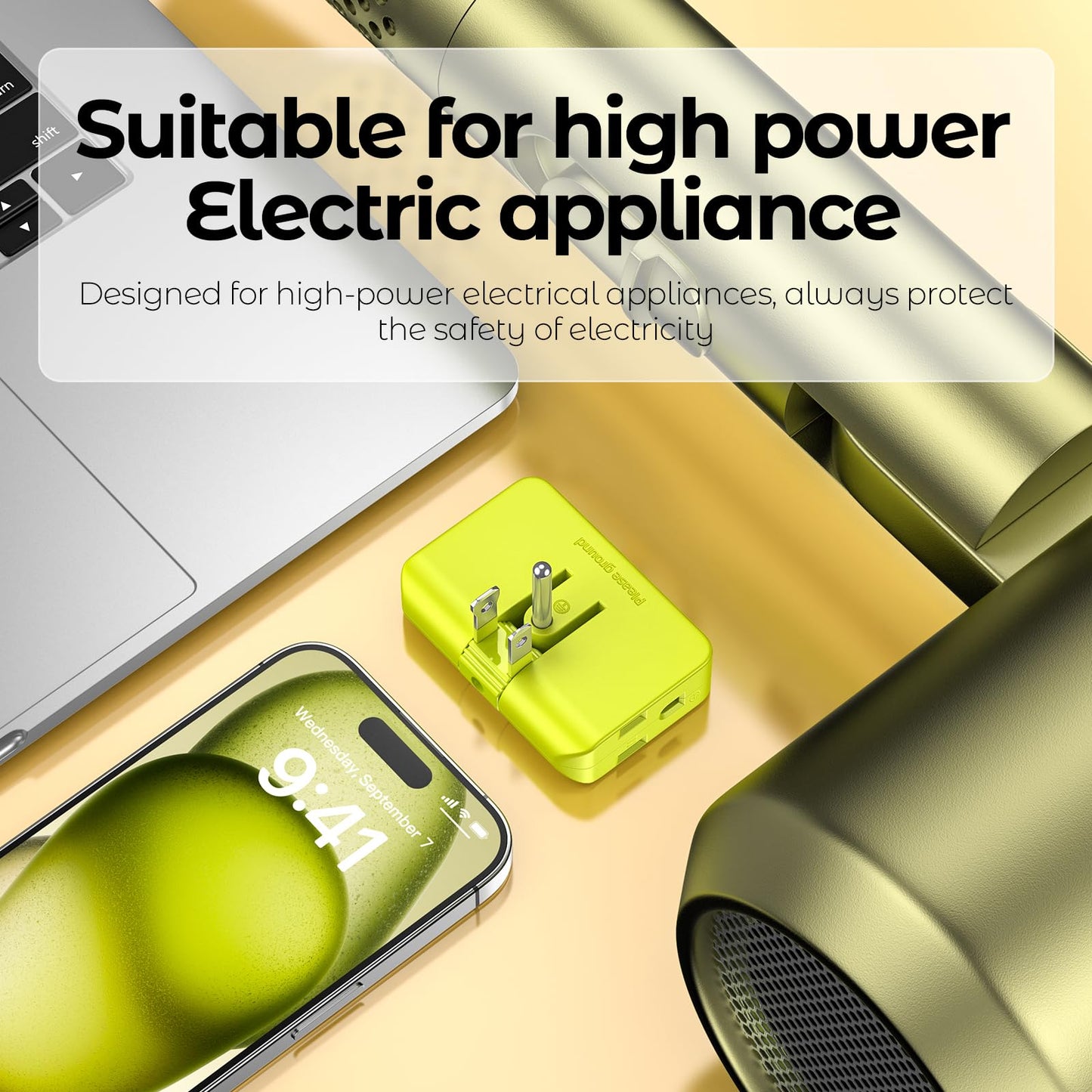 2 Pack Plug Splitter - 3 Prong Wall Adapter with 2 to 3 Prong Outlet Converter, Safe & Space-Saving Plug Extender, Yellow