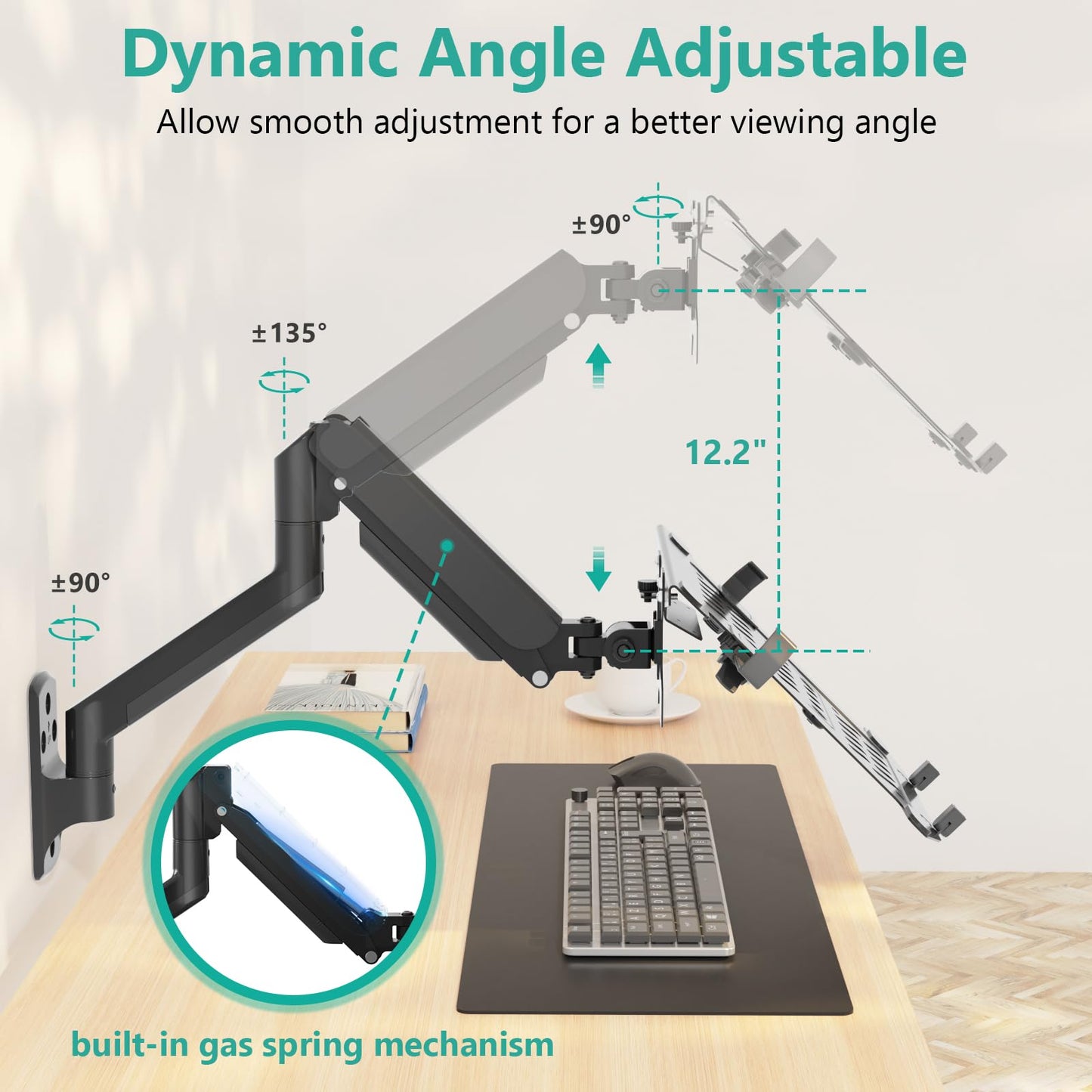 WALI Laptop Wall Mount, Single Monitor Arm for 17" Notebook and Up to 32" Screen, Full Motion Adjustable Monitor Wall Mount with Laptop Tray, VESA