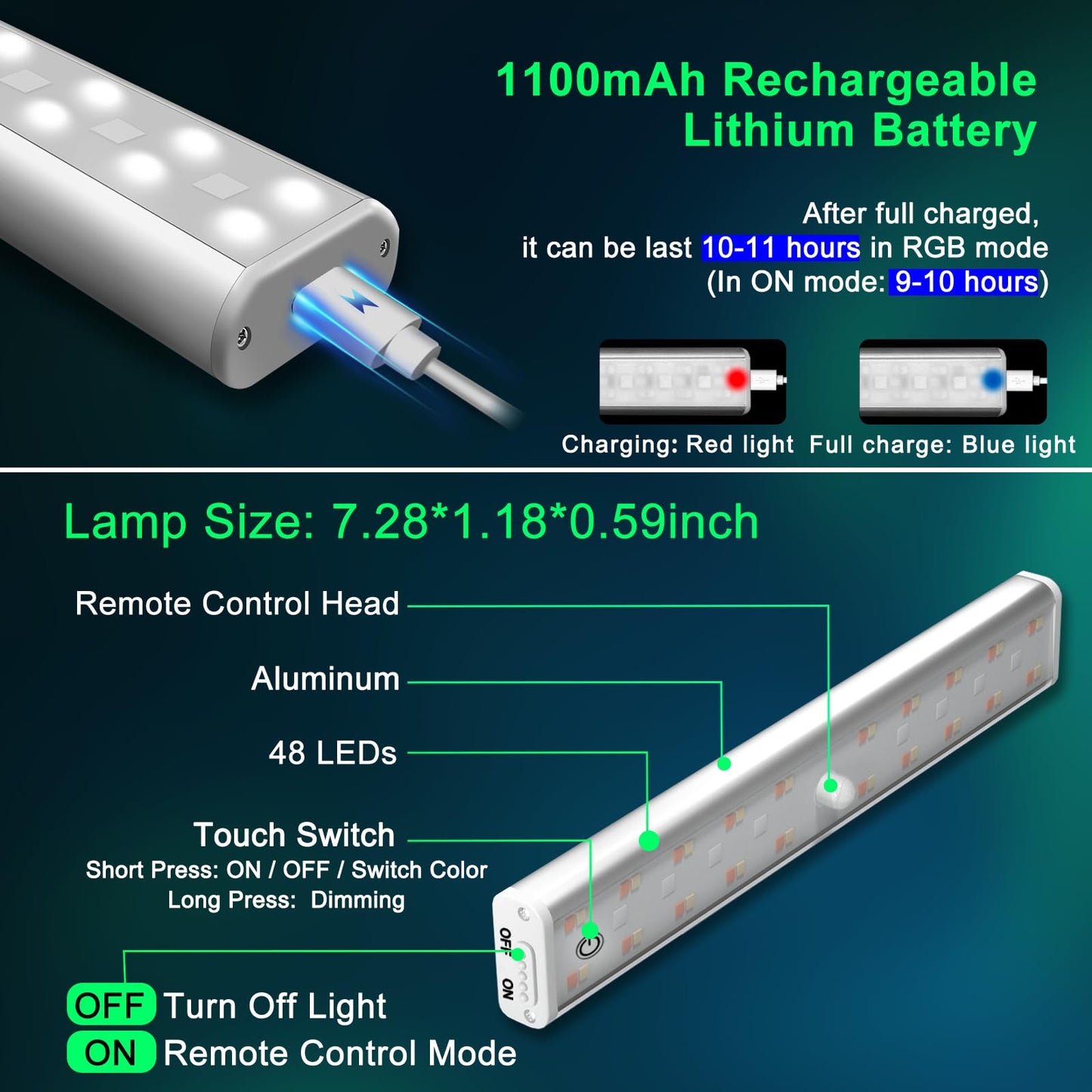 Under Cabinet Lighting Wireless Rechargeable Battery Operated LED Closet Lights Dimmable Under Counter Lights Bar with Remote, RGB Changing Perfect
