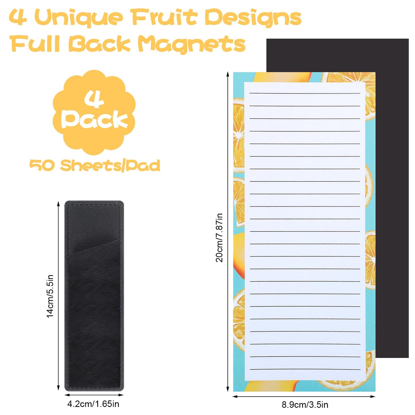 Thboxes 4 Pack Magnetic Notepads for Fridge with Pen Holder, 200 Sheets Fruit-B Design
