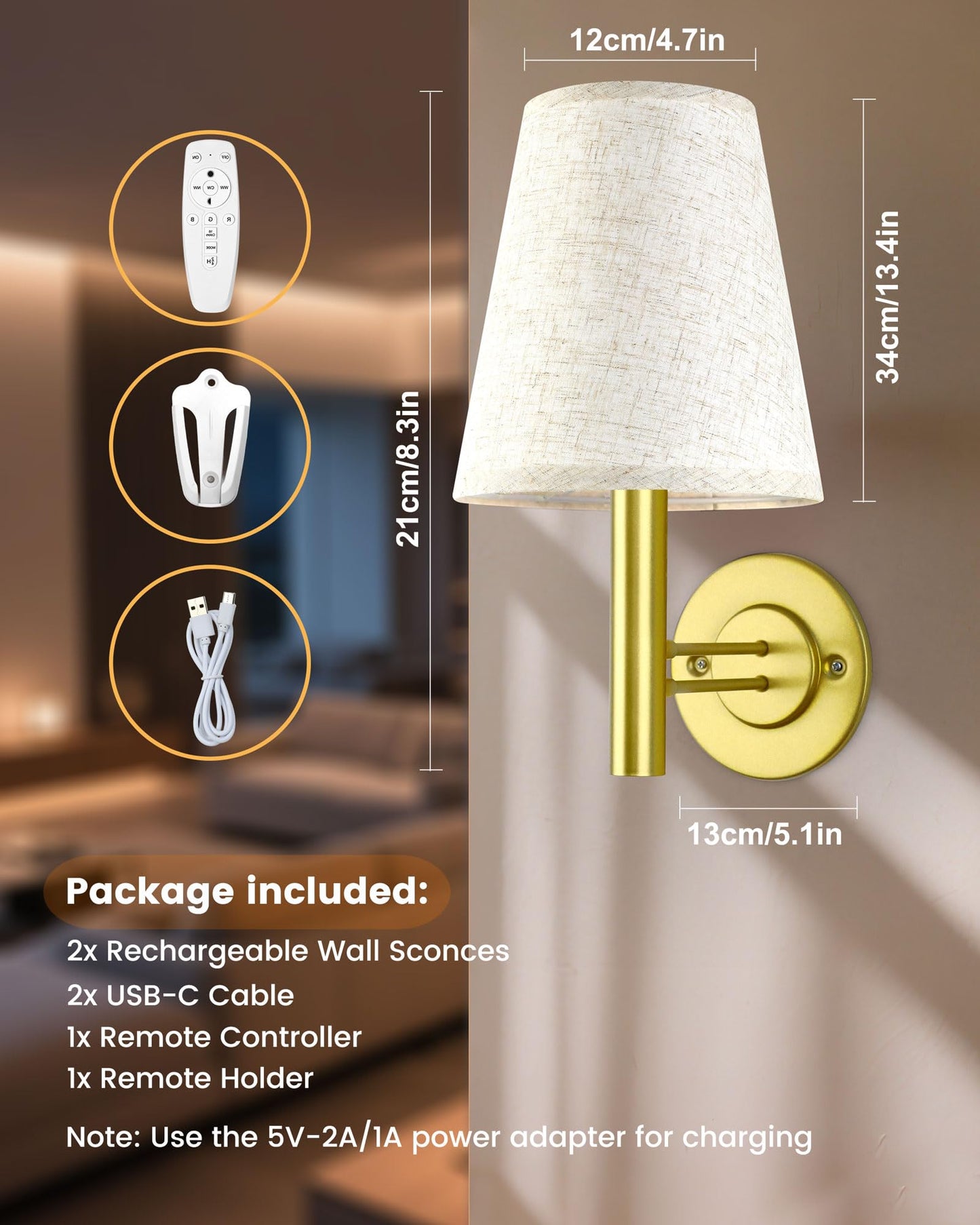 Jantolumi Rechargeable Wall Sconces Gold with Remote Control, 5200mAh Battery Operated Wall Lights, Wireless 16 Colors Timer & Dimmable Battery Wall