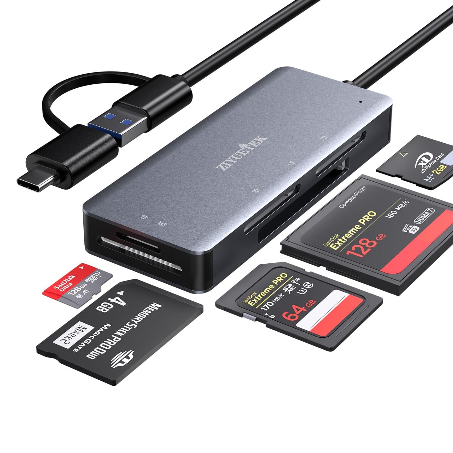 SD Card Reader, Aluminum 5in1 USB USB-C to SD Micro SD MS CF XD Card Reader Adapter Compatible with iPhone 15/16/Pro/Max, MacBook Pro/Air 2023, iPad