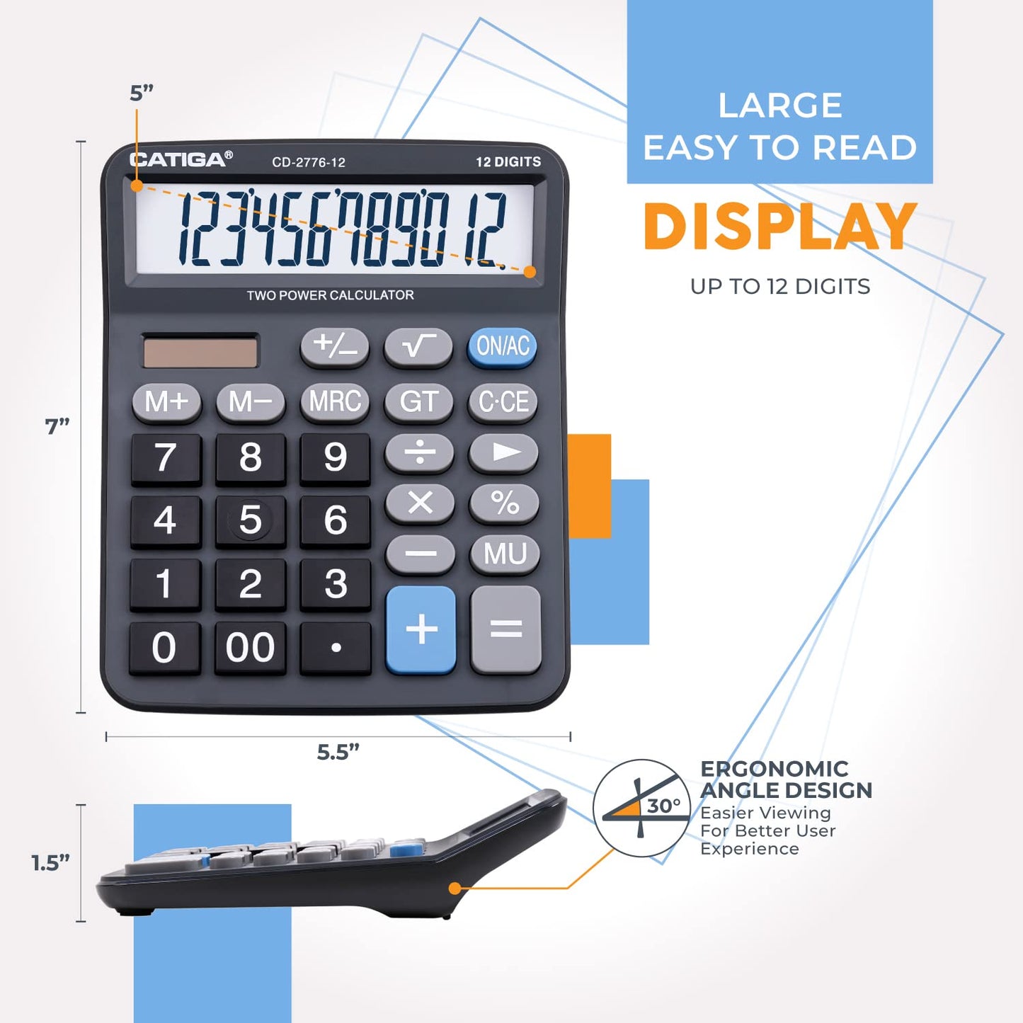 Premium Commercial 12-Digit Large Desktop Calculator with Huge 5-Inch LCD Display Screen, Giant Responsive Buttons, Battery and Solar Powered, Perfect